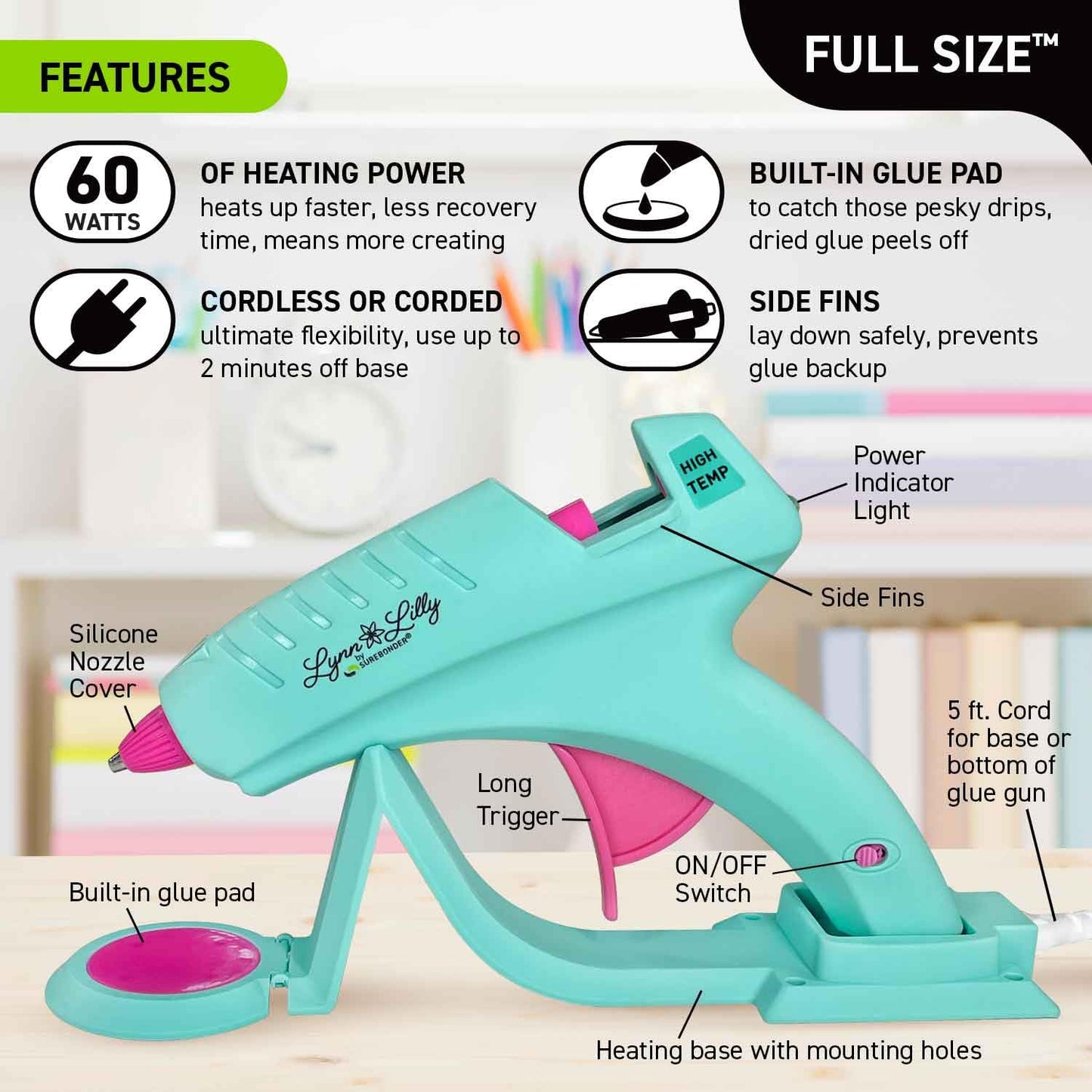 Surebonder Lynn Lilly Edition Detail Tip Mini-Size and Full-Size Cordless/Corded Hot Glue Guns with Fabric and All Purpose Hot Glue Sticks and 19" x 19" Pink Silicon Non-Stick Glue Pad Included