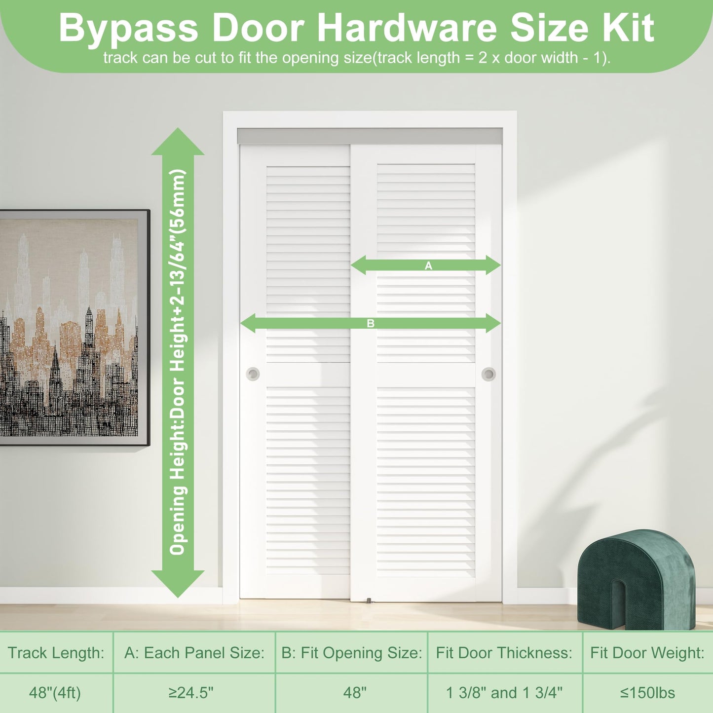 BarnBase 4FT/48" Bypass Door Hardware, Aluminum Double-Closing Sliding Closet Door Hardware with Finger Pull Included, Smoothly and Quietly, Fit Door Thickness 1 3/8" or 1 3/4", Silver