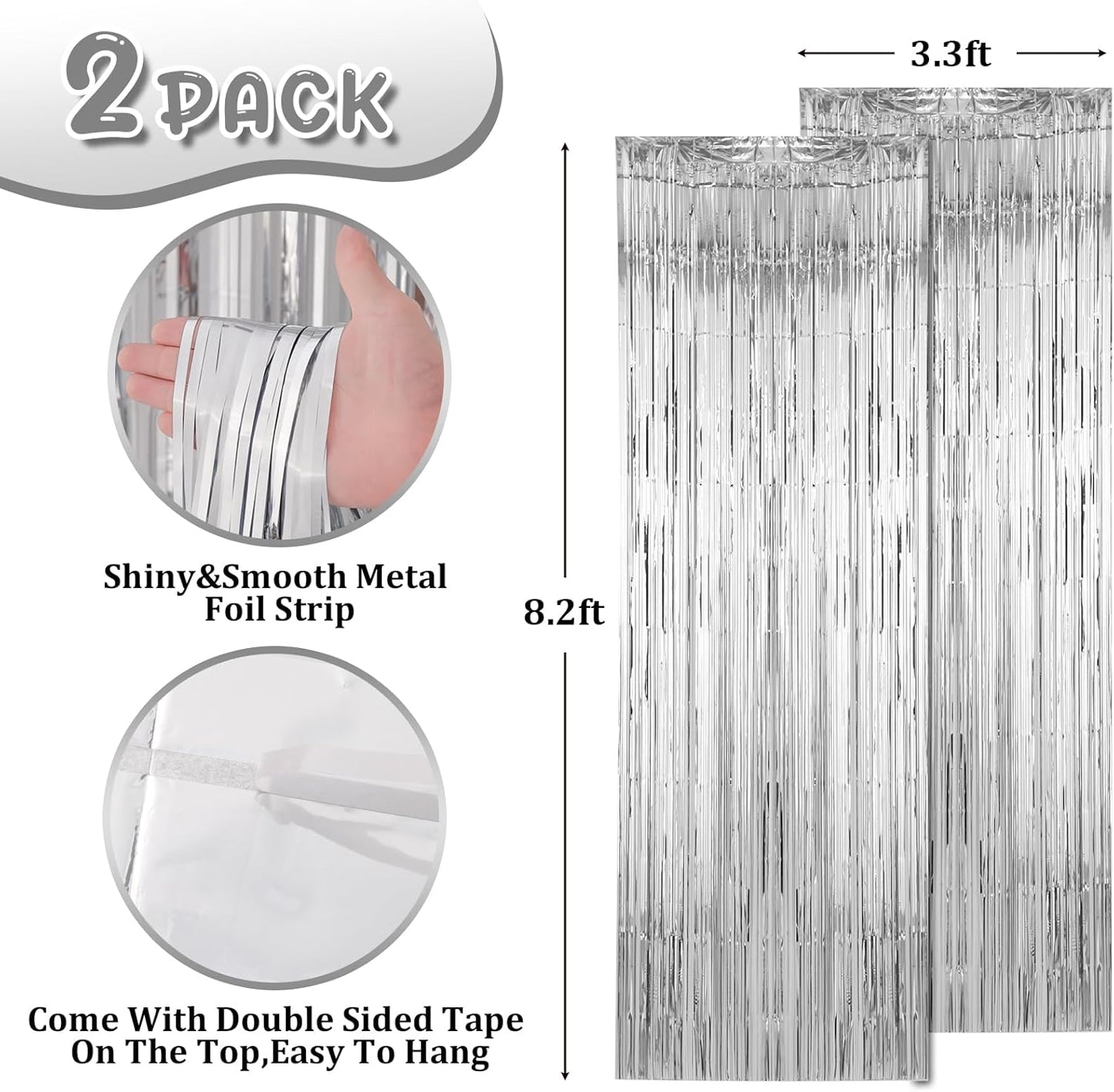Voircoloria Silver Foil Fringe Backdrop Curtains - 2 Pack Tinsel Streamers for Parties & Celebrations