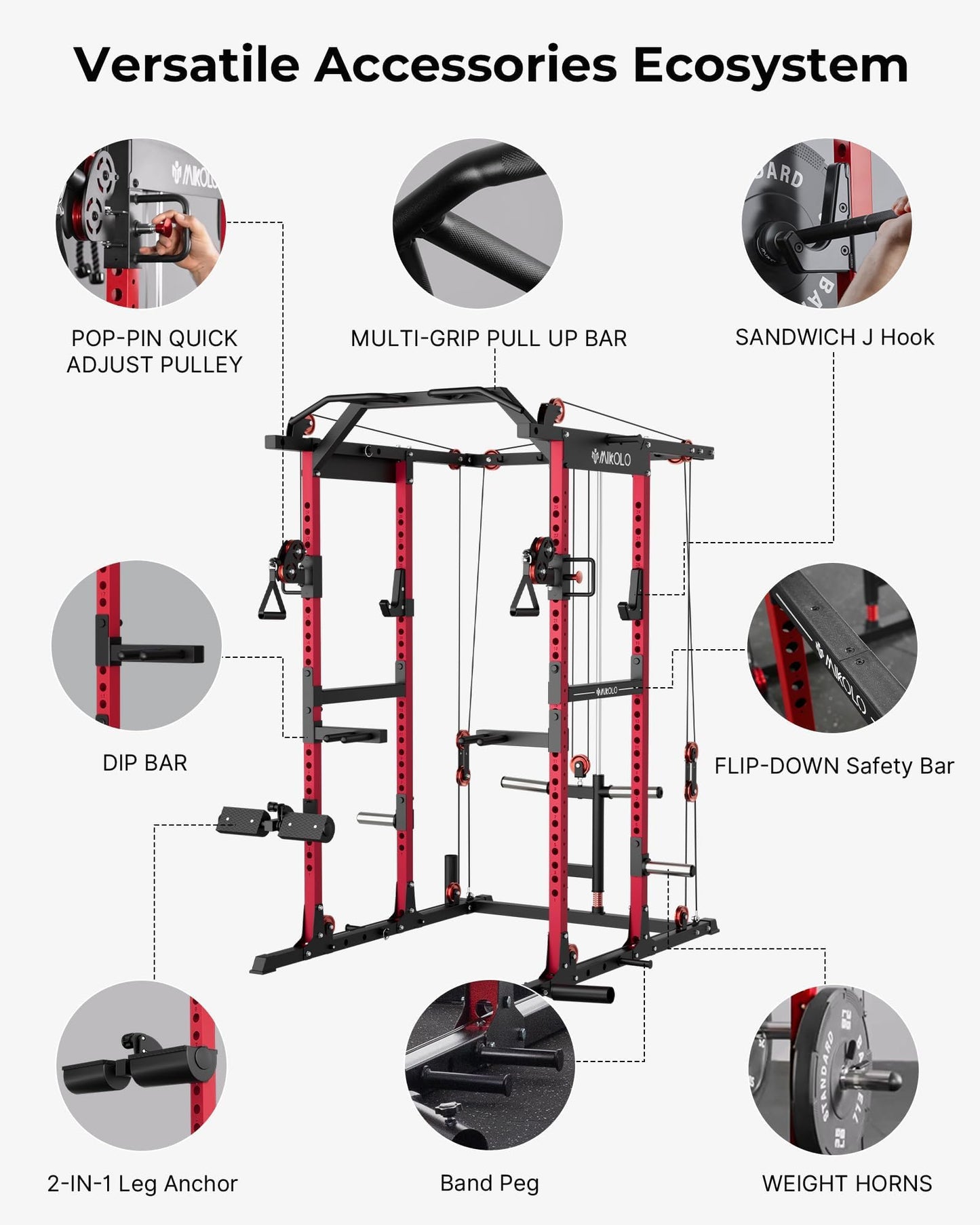 Mikolo K6 2.0 Power Cage, Power Rack with Cable Crossover System, 2000LBS Squat Rack with LAT Pull Down System, Functional Trainer with Aluminum Pulley System for Home Gym, Red