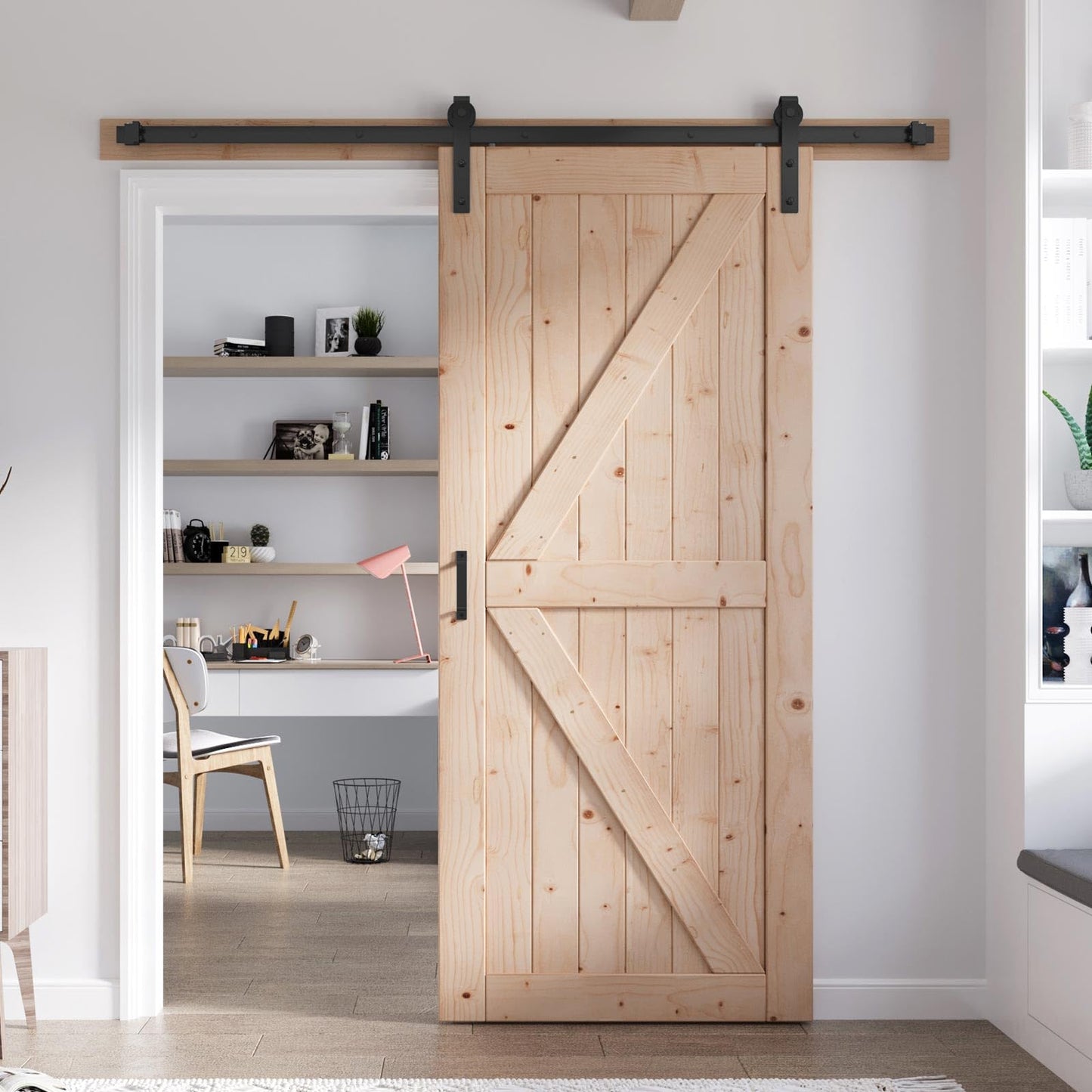 FREDBECK 34in x 84in Sliding Barn Door with 6FT Barn Door Hardware Kit Included Wood K Shape Solid Spruce Panel Need to Assembly