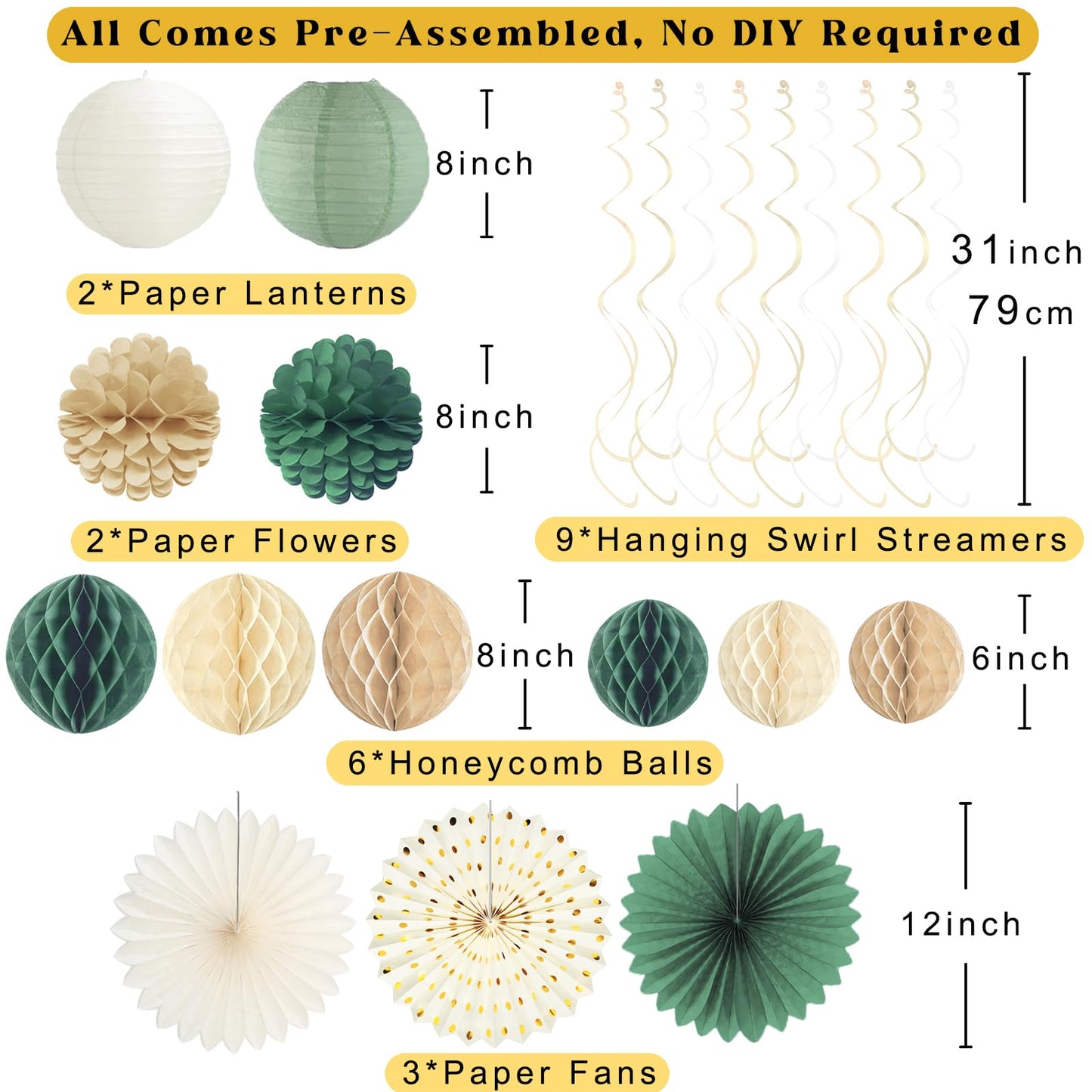 Sage Green Happy Birthday Decorations, Pre-Strung Happy Birthday Banner with Honeycomb Balls, Paper Flowers, Lanterns, Hanging Swirls, Circle Dots Garland for Birthdays Party Decorations 24pcs