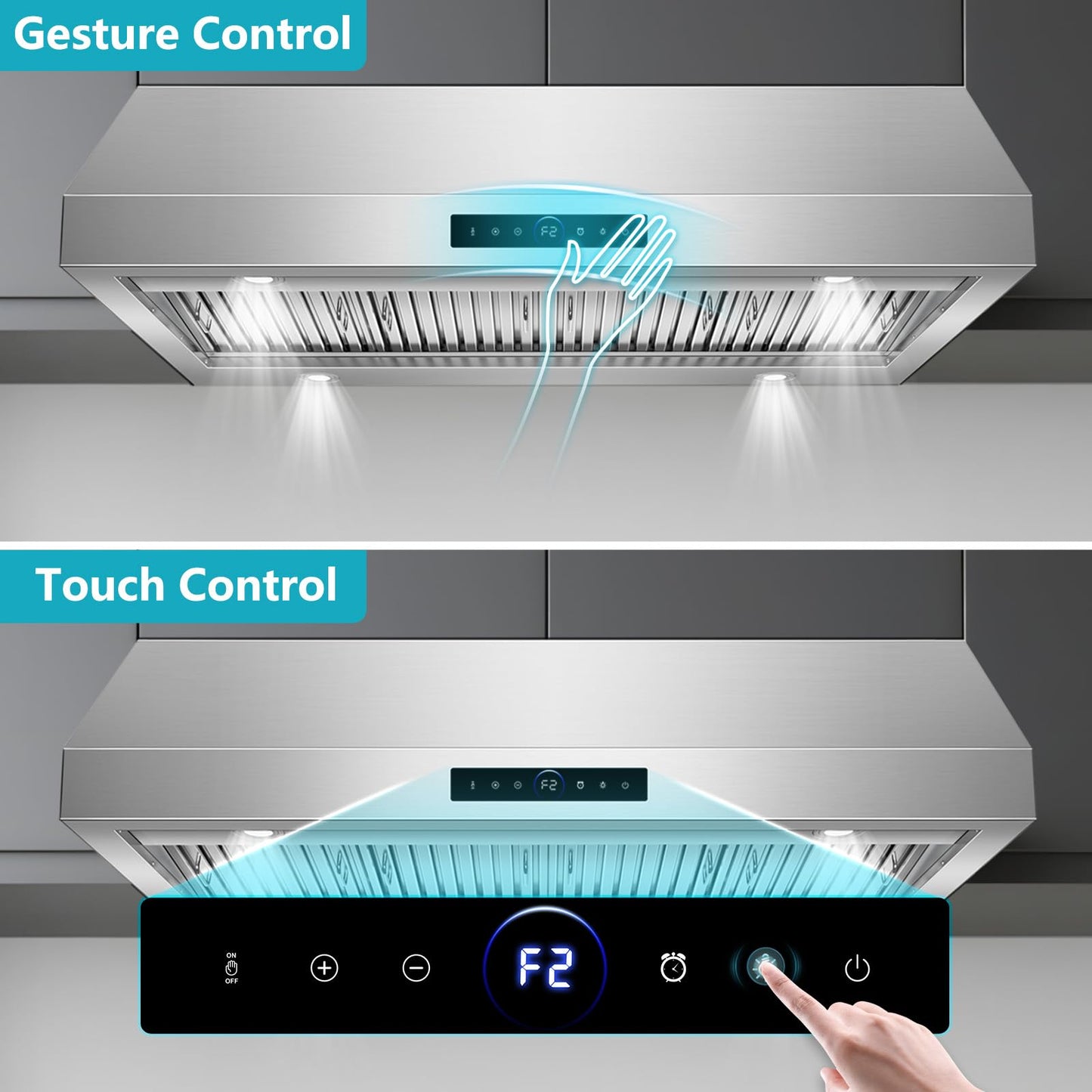 48 inch Under Cabinet Range Hood 1500 CFM with 4-Speed Gesture Sensing & Touch Control, Stainless Steel Kitchen Stove Vent Hoods with 4 LED lights, Time Setting, Dishwasher-Safe Baffle Filters