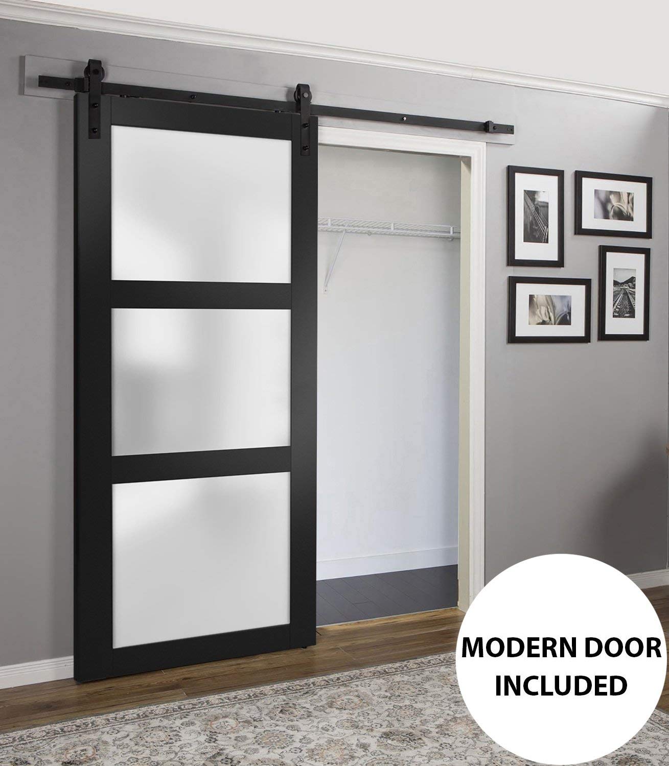 SARTODOORS Lucia 2552 | Interior Single Sliding barn Door with Frosted Glass, Solid Wood, 42x84, Black, Modern Style | Hardware Included