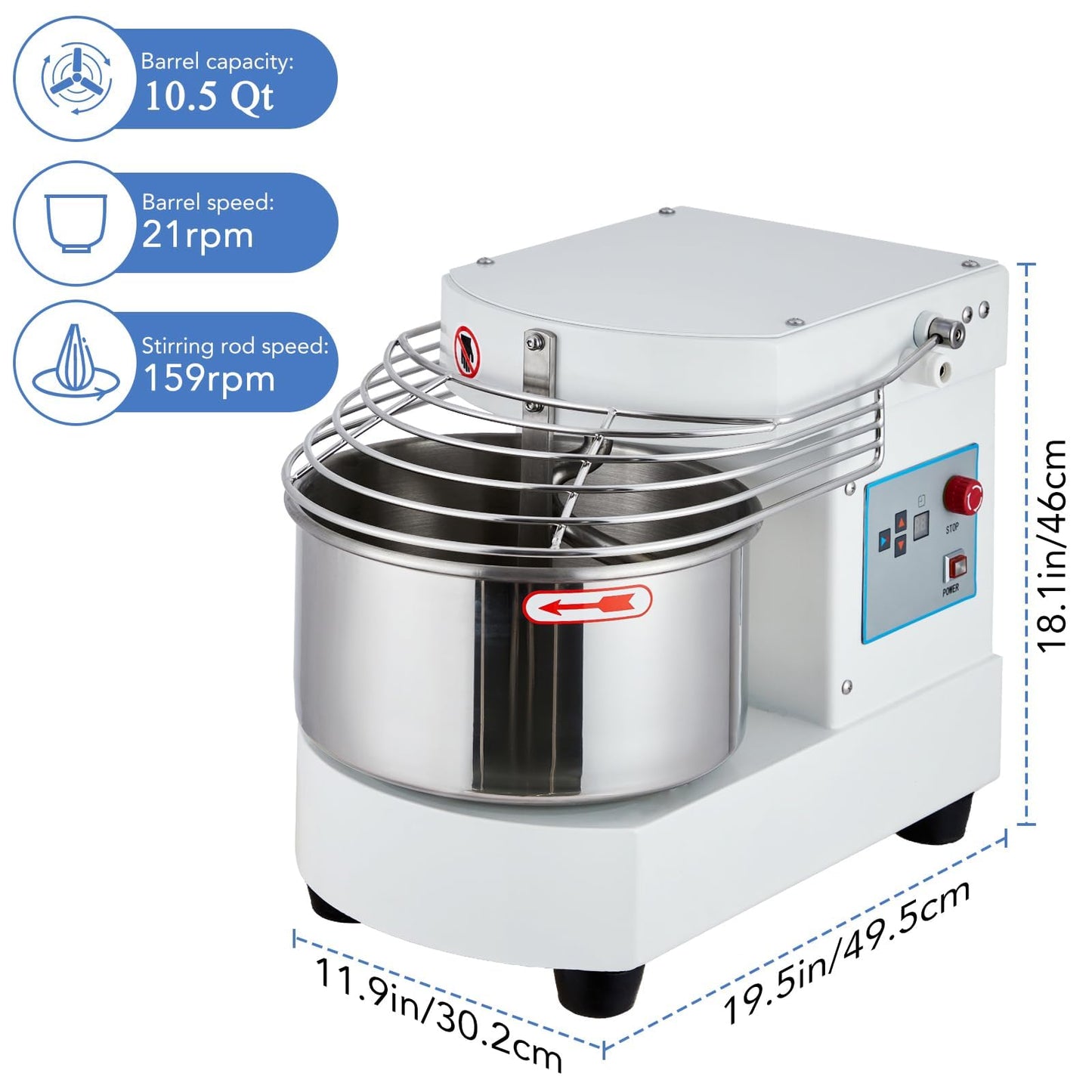 EliteEdge 10.5 Qt Commercial Food Mixer | 650W Dual-Rotation Dough Kneading Machine with Touchscreen Timer | Stainless Steel Bowl & Safety Shield for Bakeries & Restaurants