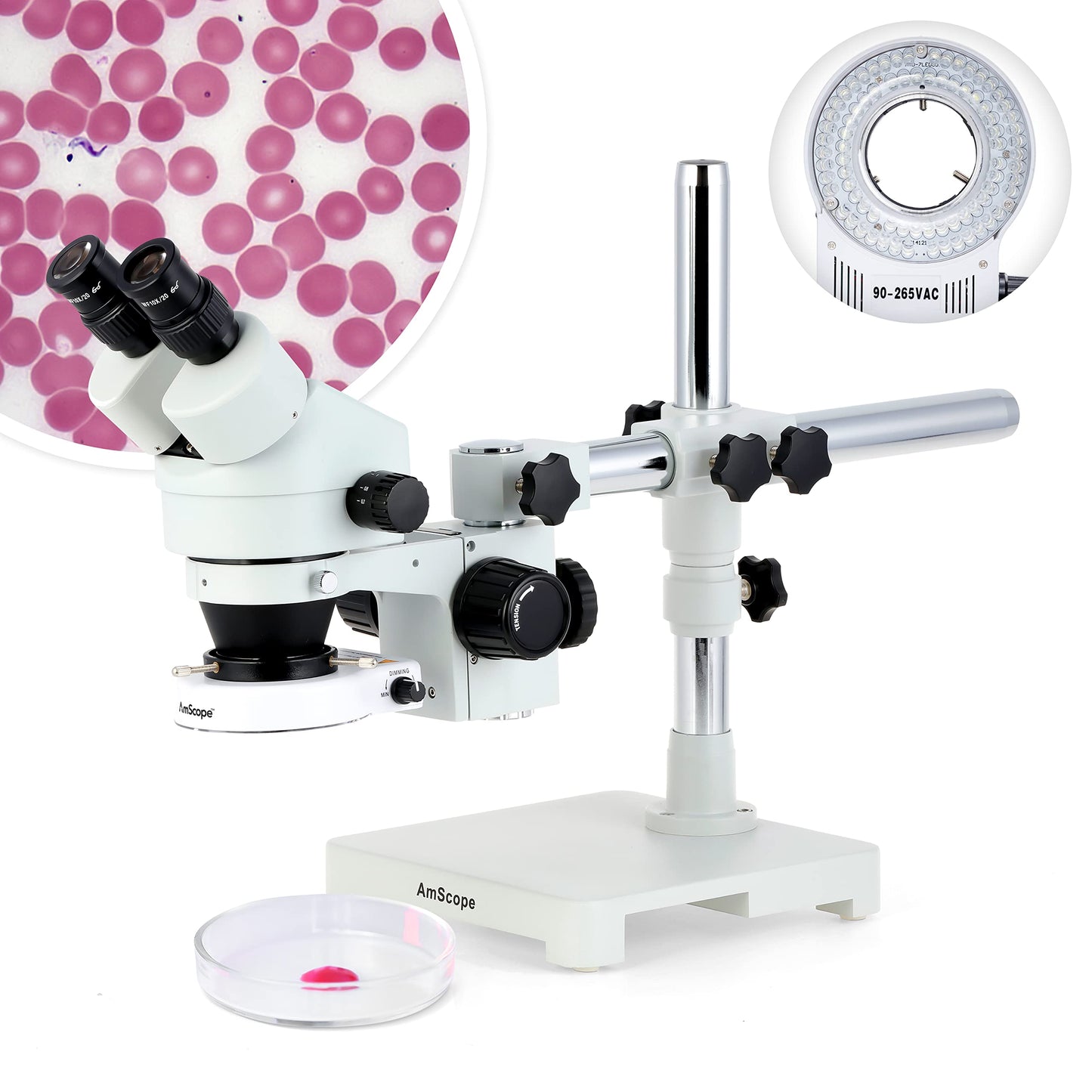 AmScope SM-3B Series Binocular Zoom Stereo Microscope - 3.5X-90X Magnification - Includes 80 LED Compact Ring Light & Single Arm Boom Stand