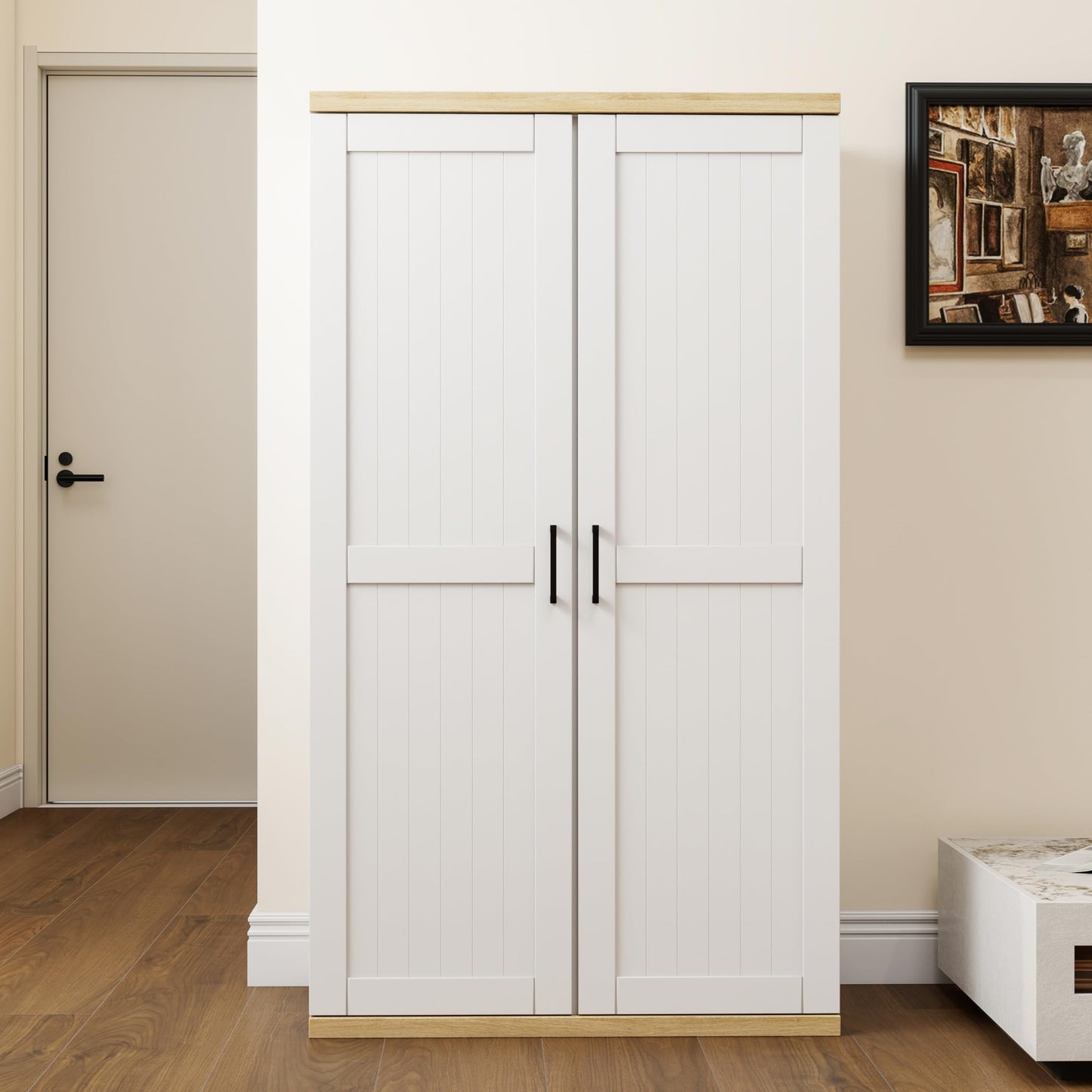 OQSC Wooden 55" Tall Broom Closet Storage Cabinet for Vacuum Cleaner & Floor Scrubbers with 2 Doors and Adjustable Shelf, Cleaning Supply Cabinet with Bottom Openwork for Laundry Room, Garage