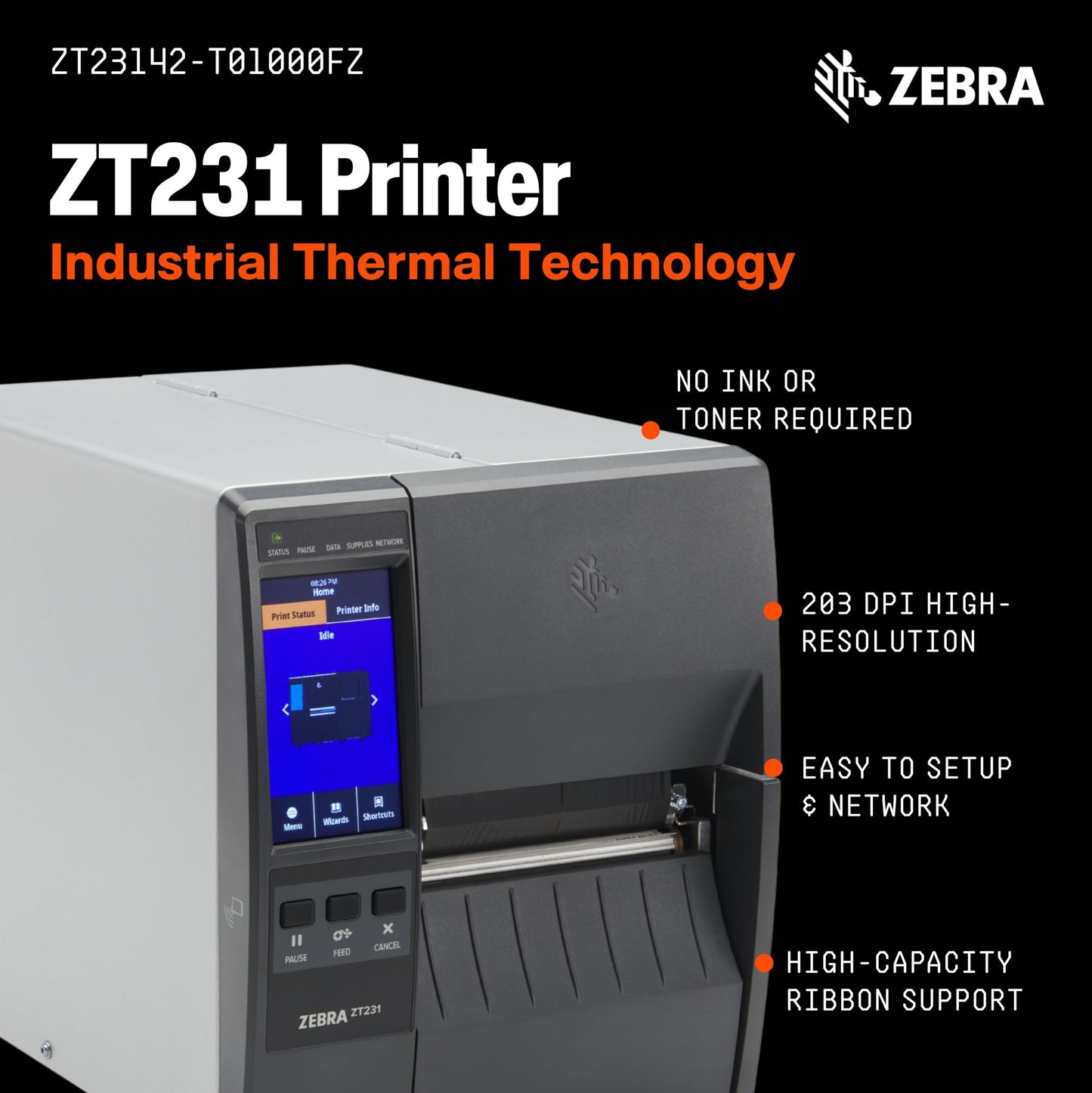 Zebra ZT231 Thermal Industrial Printer 4"| 203 DPI | No Ink Required | USB, Serial, Ethernet | Touch Color LCD | 1 Year Warranty | Thermal Transfer