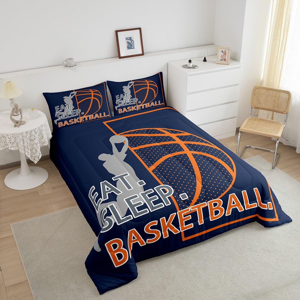 Feelyou Kids Basketball Game Bedding Set Full Size,Soprts Theme Basketball Comforter Set,Boys Girls Bedroom Room Decor,Basketball Player Comforter,Navy Blue Bed Set for All Season