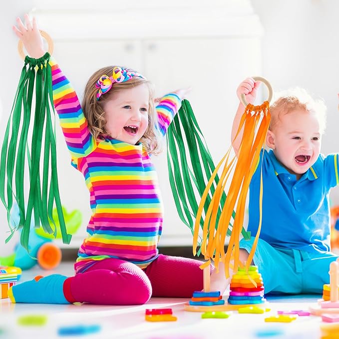 Deekin 12 Pcs Rainbow Ribbon Wooden Waldorf Toys Creative Waldorf Hand Kite Set Streamers with Wood Ring Sensory Learning Educational Toy for Playroom Dancing Birthday(Stylish Color)