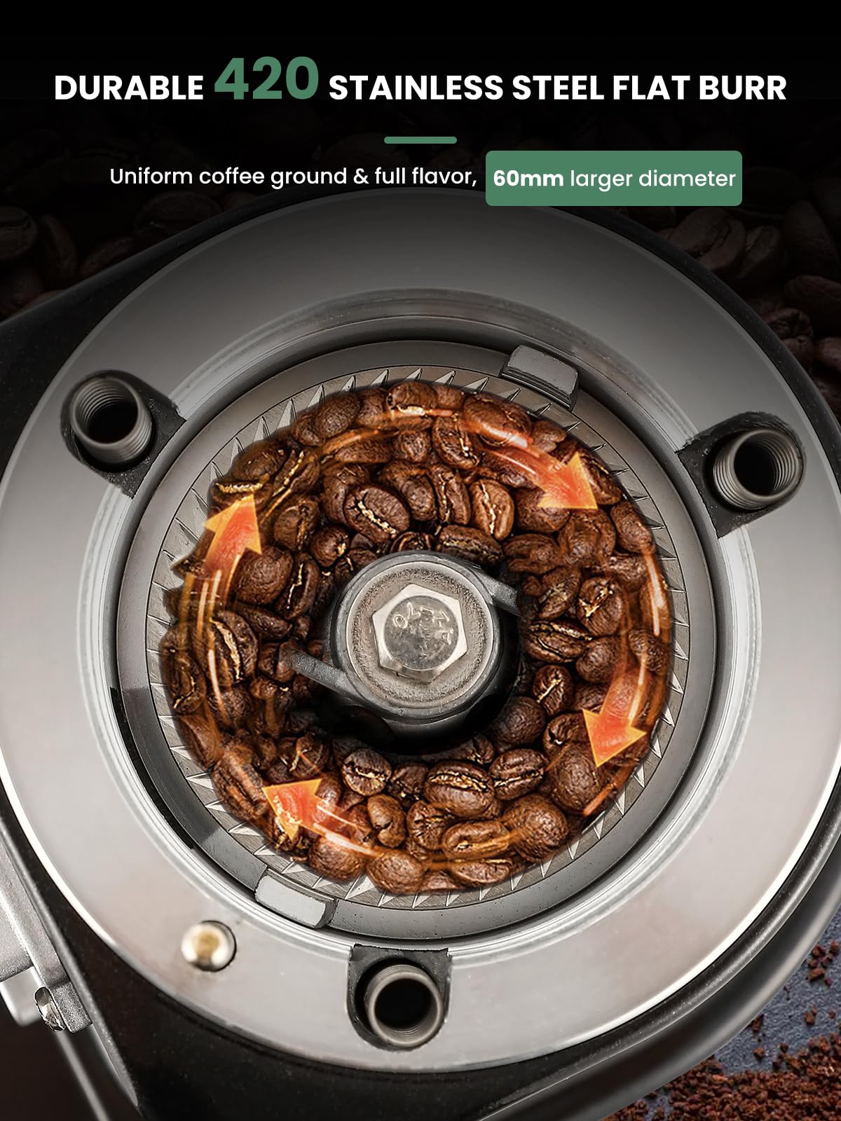 Huanyu Burr Coffee Grinder- Stainless Steel Flat Burr, 19 Precise Grind Settings, 35oz Capacity and Dual Dosing for Espresso, Pour Over, French Press, Black