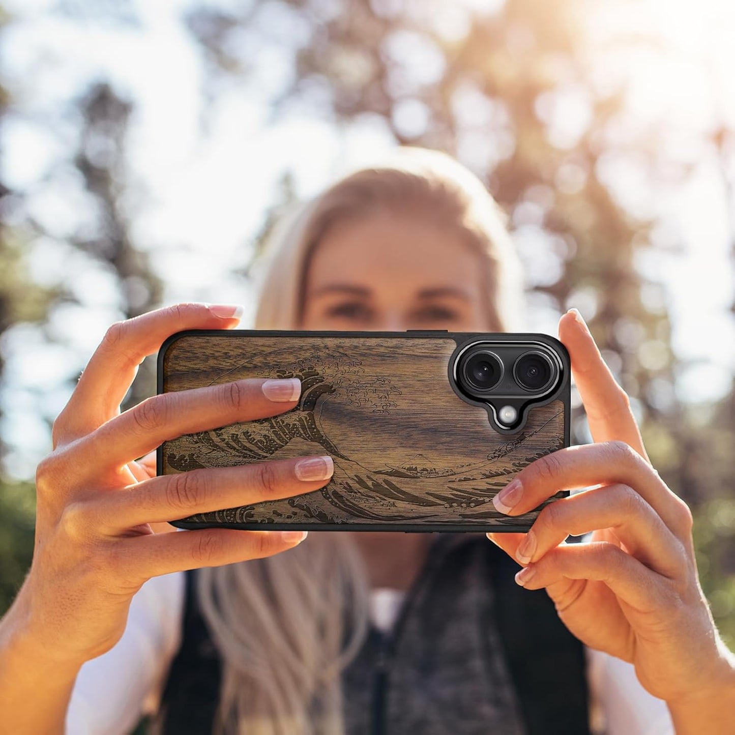 Carveit 16 Magnetic Wooden Case for iPhone Case, Wood Artisan Engraved & Black Soft TPU Shockproof Cover, Compatible