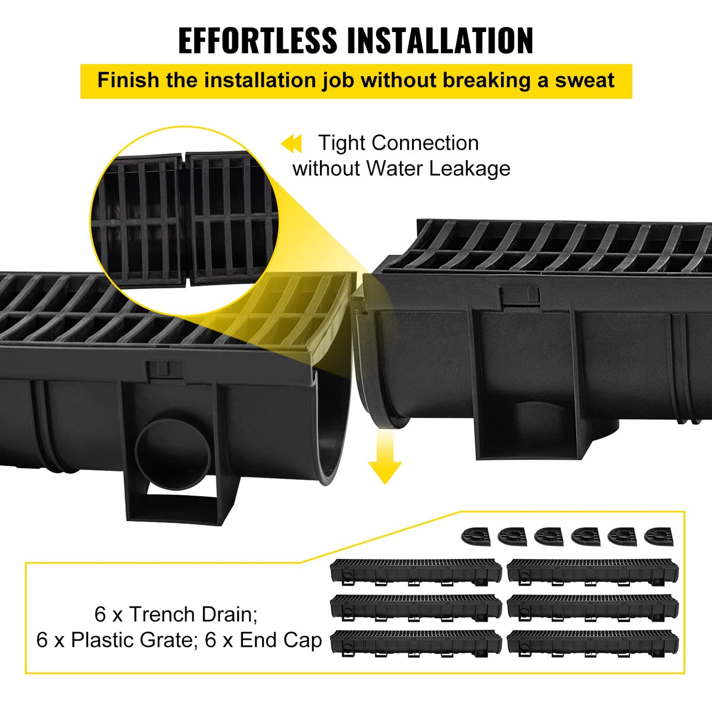 VEVOR Trench Drain System with Plastic Grate, 5.9x5.1-Inch HDPE Channel Drainage for Garden, Driveway - 6 Pack
