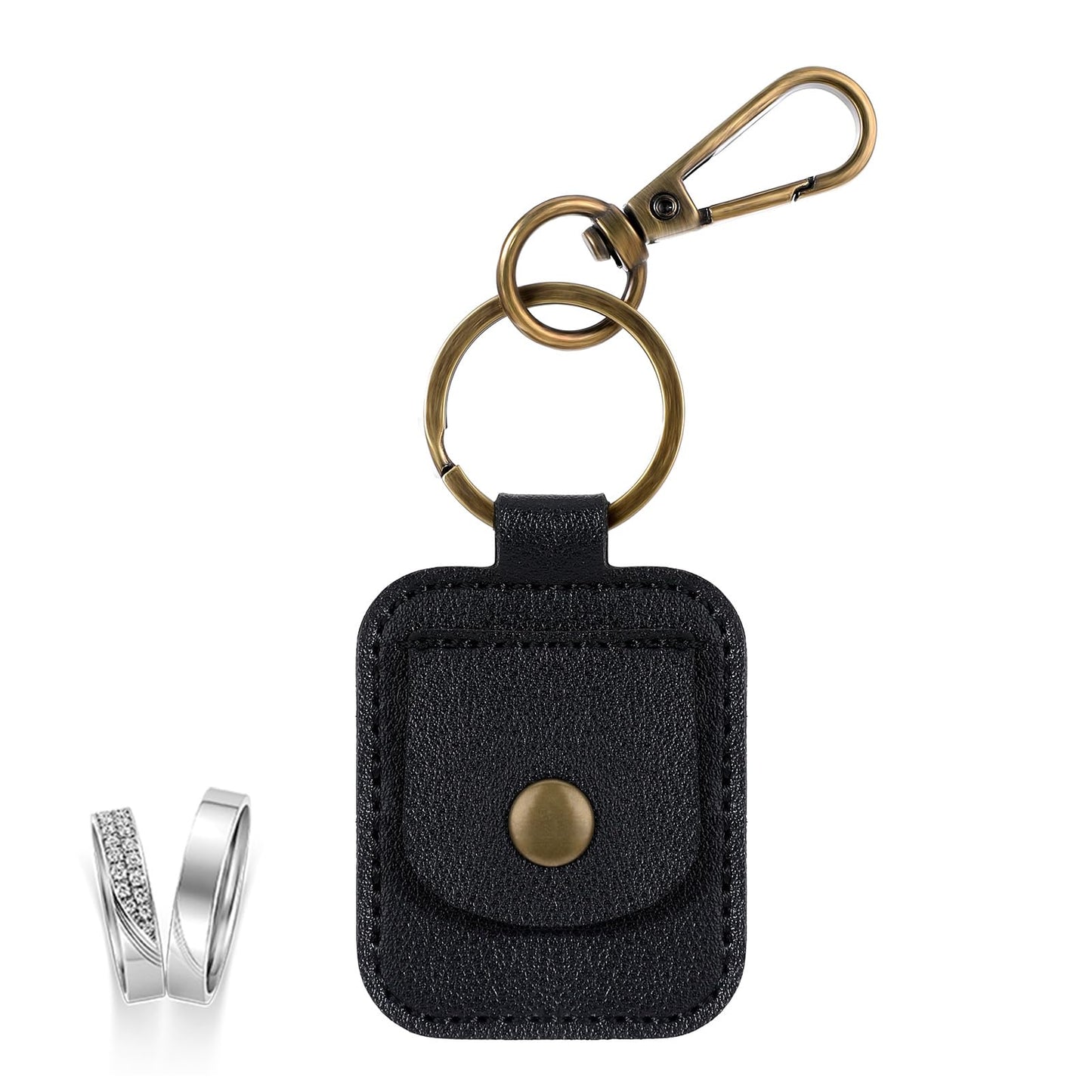 InnoHHustle Leather Ring Holder Keychain, Portable Gym Ring Holder Jewelry Keychain Travel Pouch for Wedding Necklace（Black）