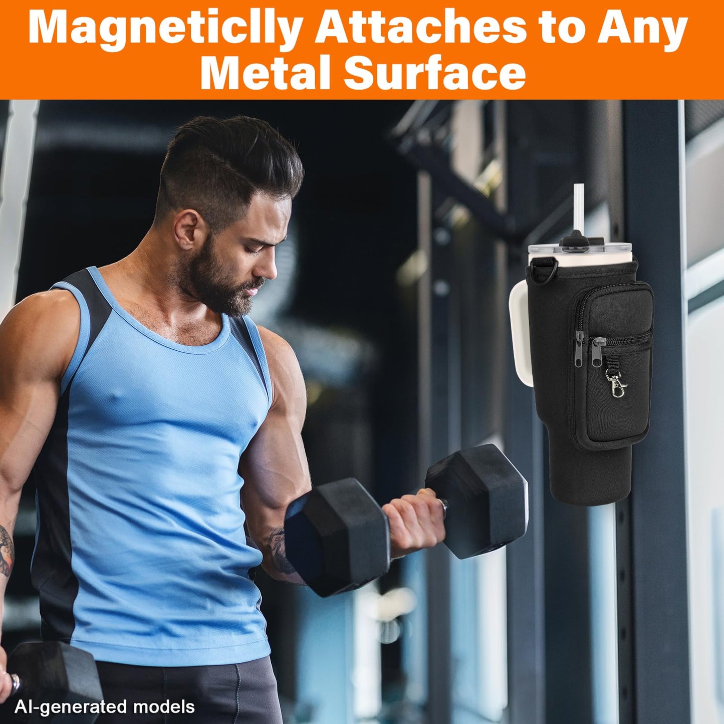 Magnetic Water Bottle Carrier Bag Compatible with Stanley/Meoky 40 oz Tumbler with Handle,Water Bottle Holder Pouch with Adjustable Shoulder Strap & Phone Pocket Fits for Stanley Cup Accessories
