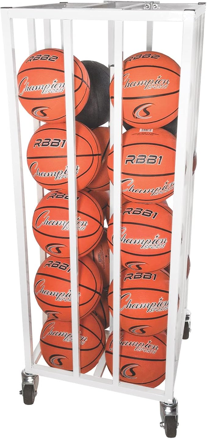 Champion Sports Deluxe Heavy Duty Basketball Storage Cart with Locking Swivel Caster Wheels (Black)