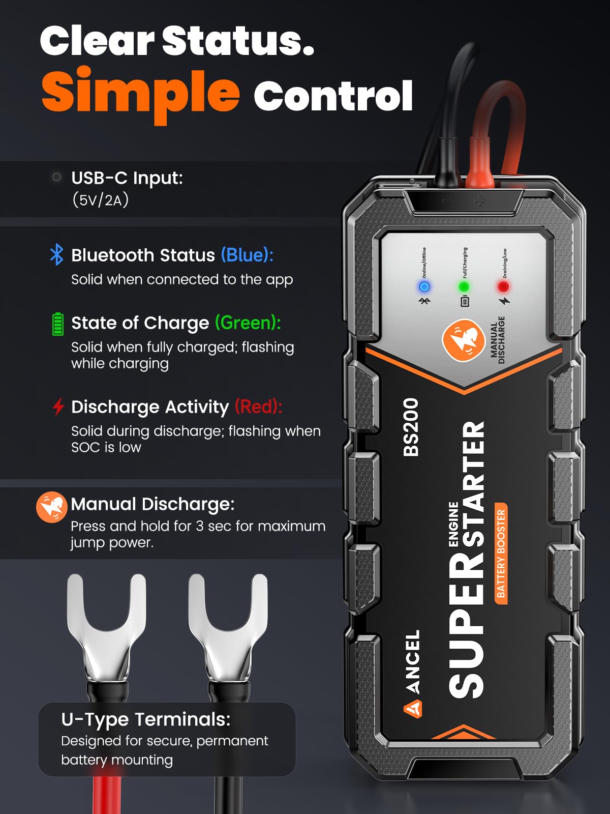 ANCEL BS200 Engine Super Starter - Permanently Connected Jump Starter with Capacitor, Proactive Car Battery Maintainer & Smart Health Monitor, -40℉~176℉ UltraSafe Battery Booster for 3.0L Vehicles