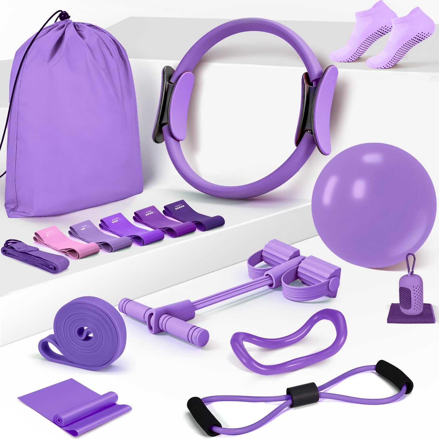Pilates Essentials Kit for Women 15 Pcs Pilates Equipment for Home Workouts with Yoga Circle Ball Ring, 5 Resistance Bands,Pedal Puller Resistance Band,Anti Slip Socks for Starter Set,Purple