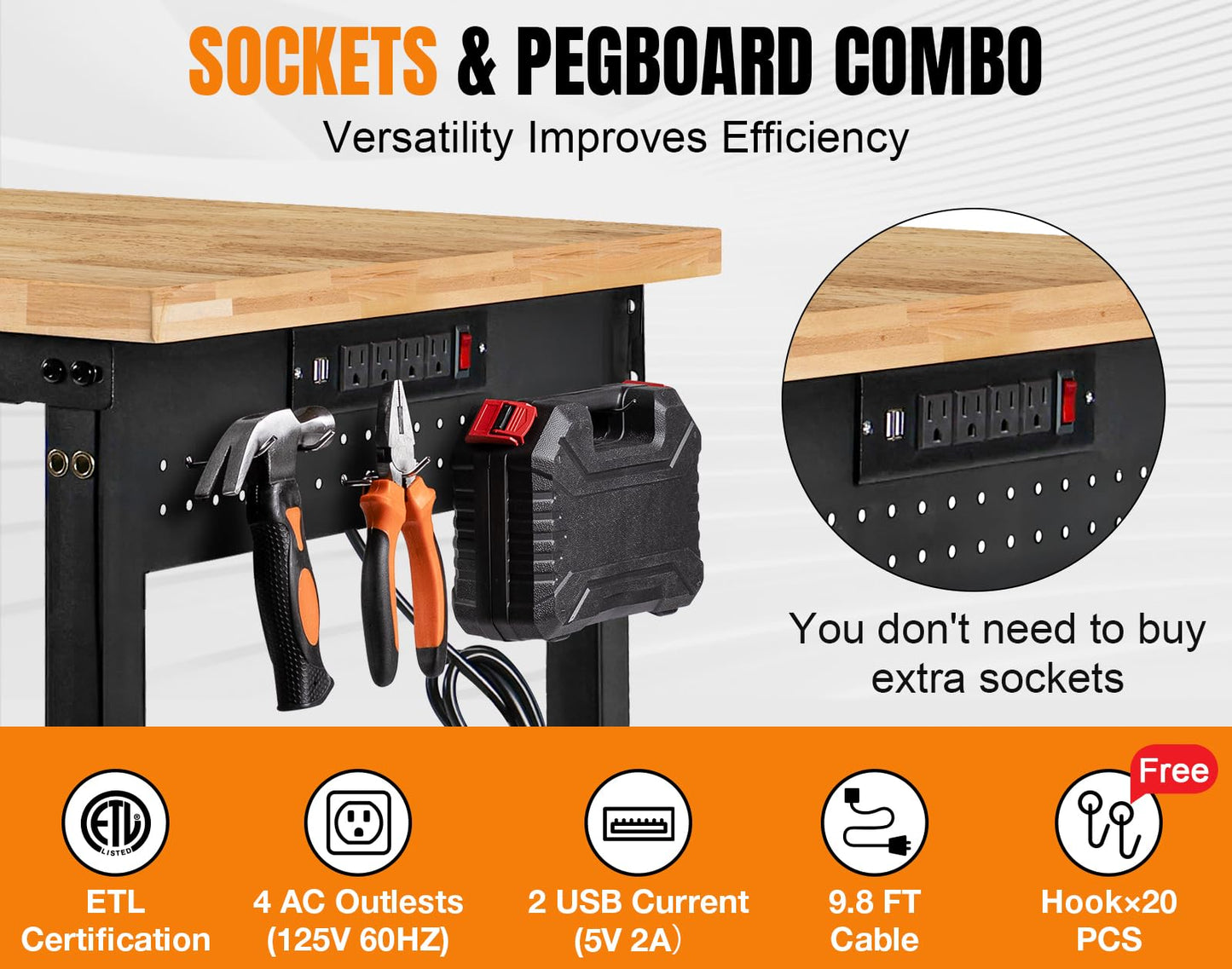 MUWOOD 84” Adjustable Height Workbench, 5000 LBS Heavy Duty Table Rubber Wood Workstation with Power Outlet & Pegboard for Garage, Office, Workshop, Home,Commercial