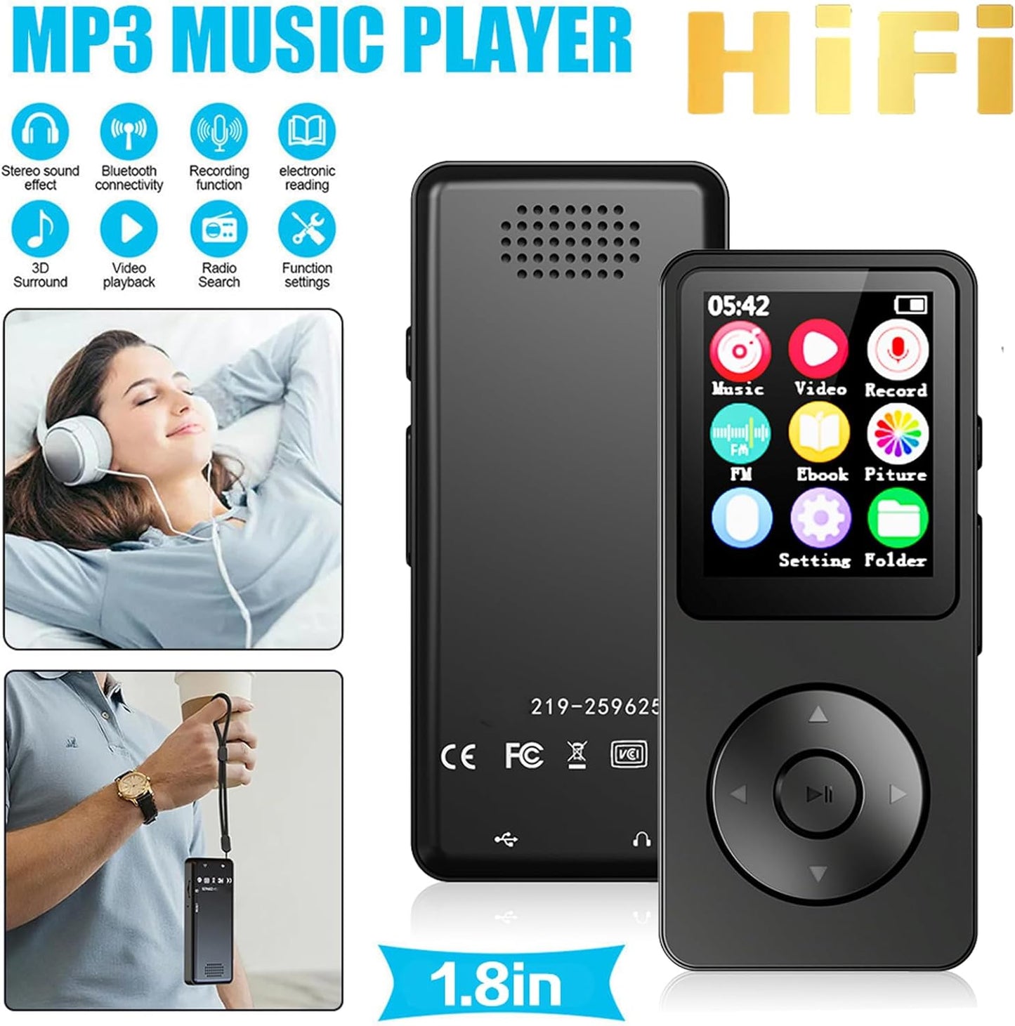 LAISANIM MP3 5.4 2.4 Inch Player with Bluetooth HiFi Sound, Screen Portable Music Player with FM, Voice Recorder, E