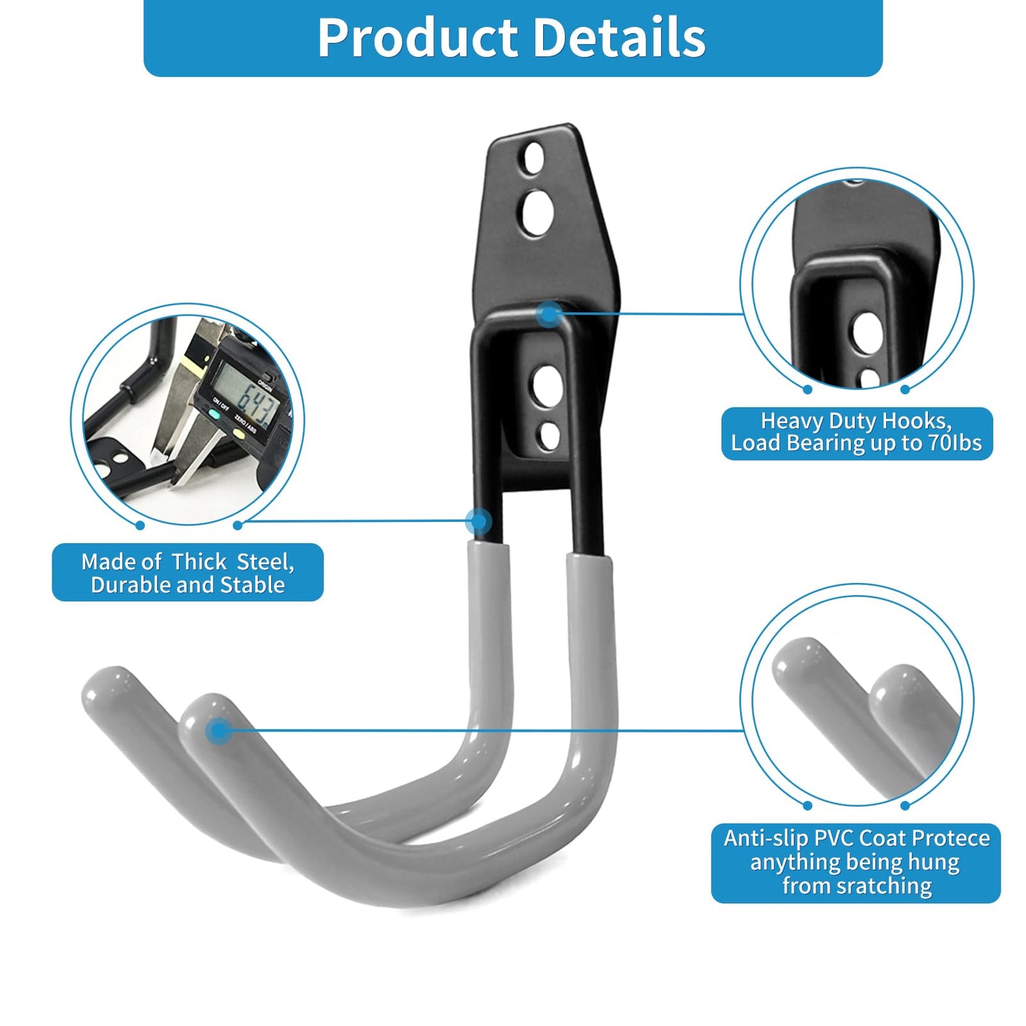 GeeWatom Garage Storage Utility Hooks，Garage Garden Tool Organizer，Steel Wall Mount Hooks, Large Garden U Hooks （2 Pack） (Type-2-Gray)