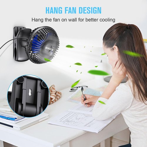 BESKAR Portable USB Clip-On Fan - 3-Speed Strong Airflow | Quiet Personal Desk Fan with Sturdy Clamp