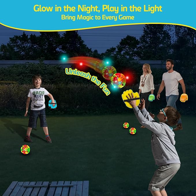 punkdog LED Toss and Catch Ball Game Set - 2 LED and 2 Regular Suction Cup Ball with 4 Easy-Grip Gloves - Beach Sports Toys for Kids - Outdoor Games for Backyard or Park - Christmas for Kids