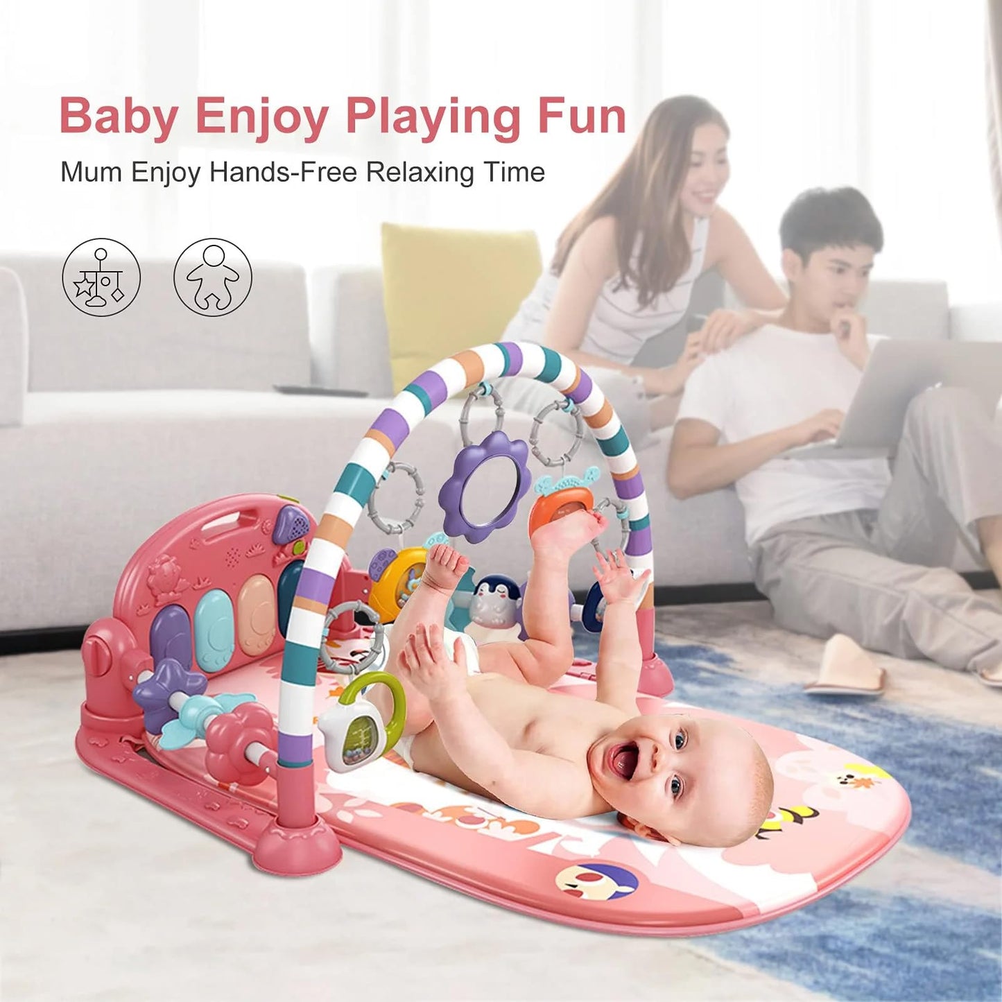 Baby Gym Play Mat, Piano Kick and Play Lights and Music Tummy Time Toys Infant Musical Activity Gym Mat for Visual, Hearing, Sensory, Gift Suitable for Newborns Aged 0 to 3 6 9 12 Months (Pink)