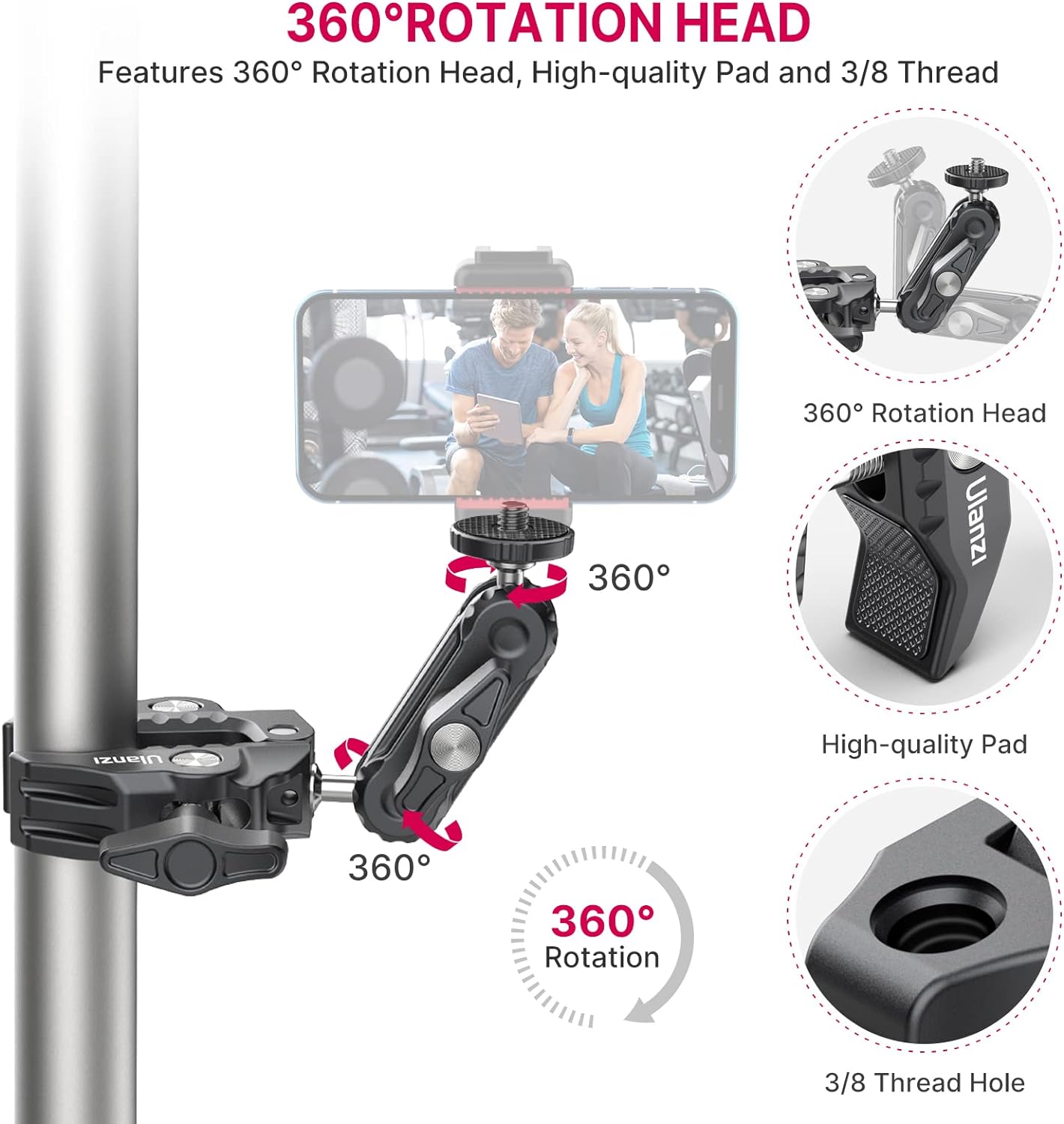 ULANZI 360 1/4"-20 3/8"-16 ST-07 Super Clamp Camera Clamp Mount Monitor Ballhead Magic Arm Double Ball Head Adapter