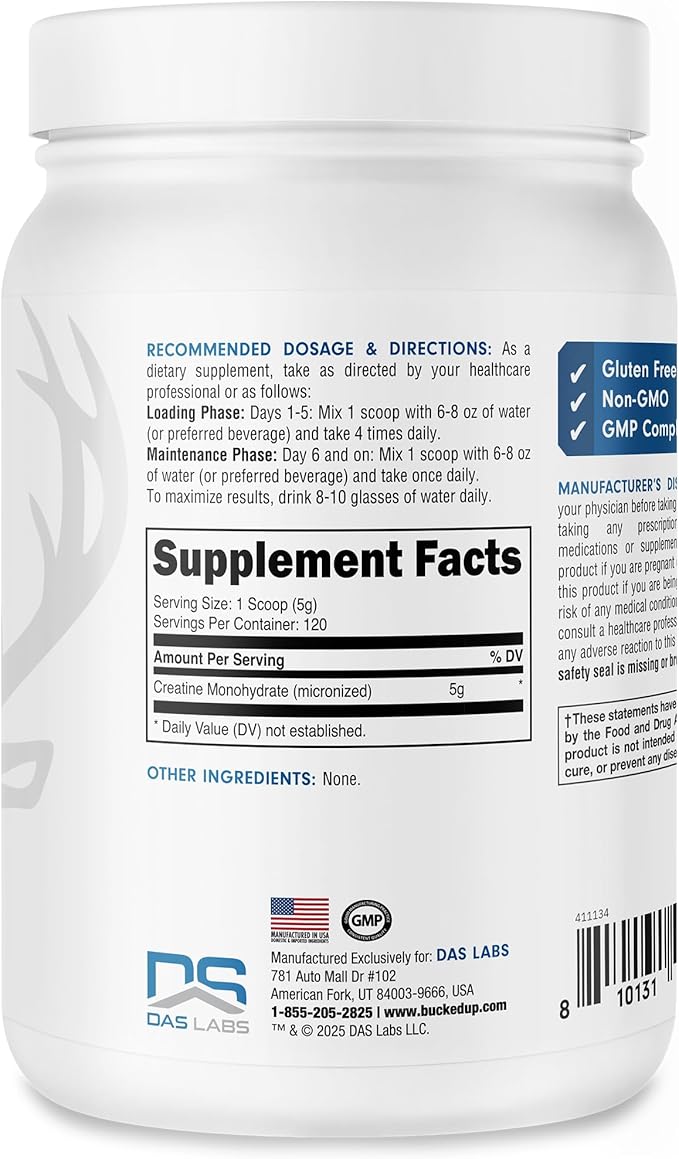 Bucked Up Pure Micronized Creatine Monohydrate for Women and Men - Easy to Mix and Unflavored - 5G Per Serving - 120 Servings - 600 Grams Per Container
