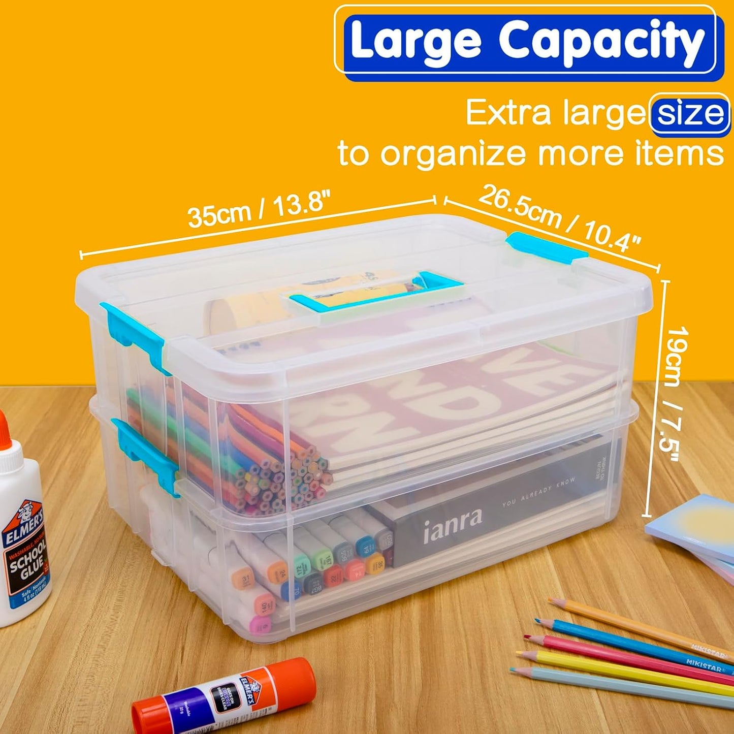 TERGOO Clear Plastic Storage Containers - 2 Layer Stackable Boxes for Crafts, Makeup & Sewing (Blue)