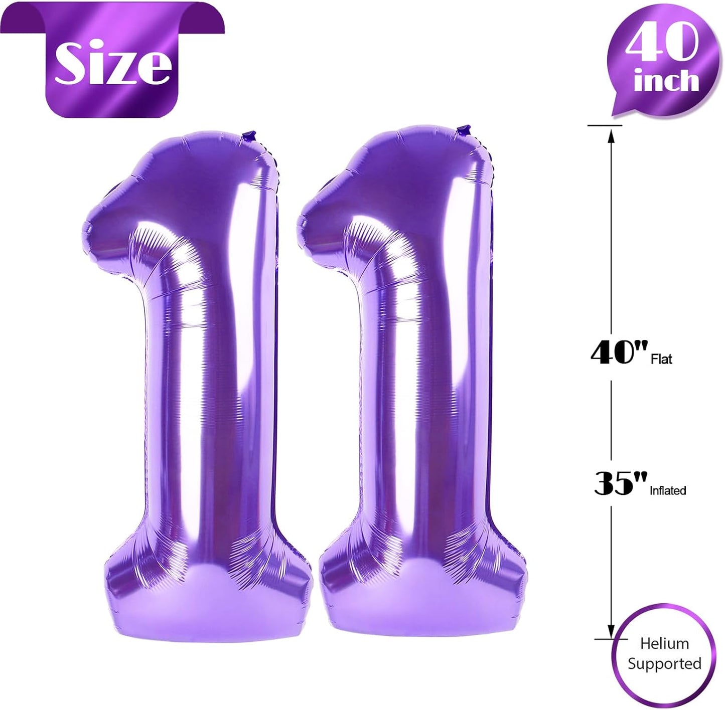 Purple Number 11 Balloon - 40 Inch 11th Birthday Decoration for Girls & Boys Party Supplies