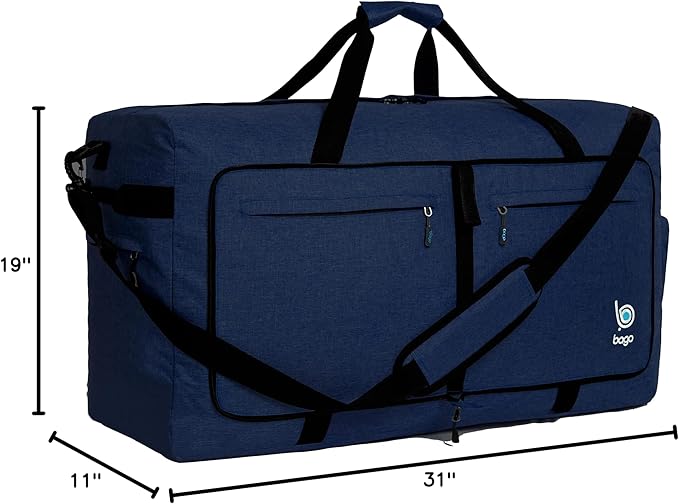 Bago Large Foldable Duffel Bags for Traveling Women & Men - 120L Packable Duffle Bag for Travel with Shoe Compartment - Water Repellant, Heavy Duty, Lightweight Folding & Collapsible (SnowDepBlue)