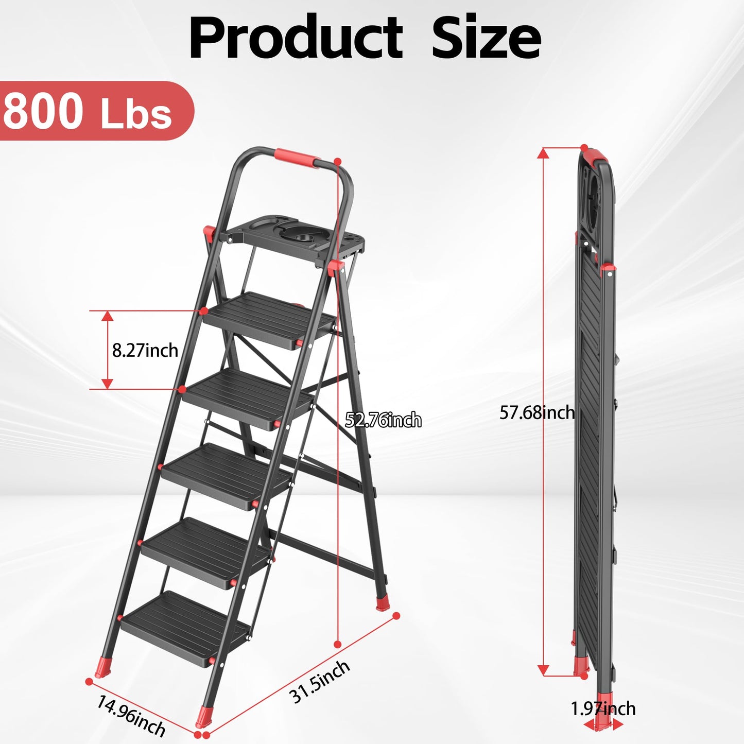 DIAMONDFORGE 5 Step Foldable Ladder with Multifunctional Tool Tray, Iron, Platform Ladders Stepstools, Folding with Non-Slip Pedals, 800 lbs Bearing Capacity for Adults/Home/Kitchen, Black Red