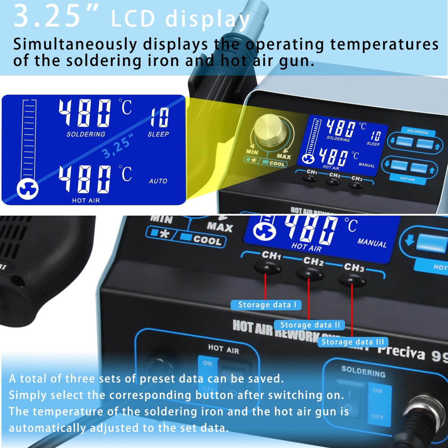 Preciva 992D+ 2-in-1 Soldering & Hot Air Rework Station with LCD, Memory Presets, Sleep, Calibration | Includes Soldering Iron, Hot Air Gun, 5 Tips, 4 Nozzles, IC Tools, Solder Wire | °C/ºF (992D+)