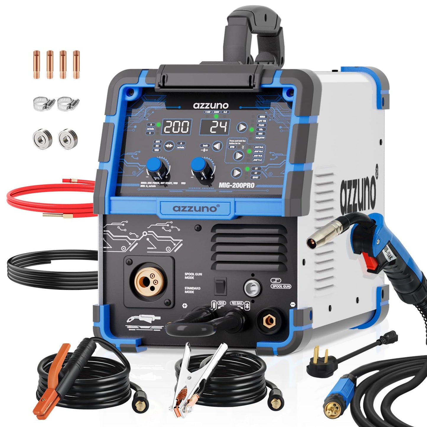 AZZUNO 8 in 1 200A MIG Welder & .035" Magnesium Aluminum Mig Welding Wire ER5356 1LB, 110V/220V Welder Machine Flux Core MIG/Gas MIG/MAG/Aluminum MIG/Spot MIG/Lift TIG/Stick Welding/Spool Gun Compatib