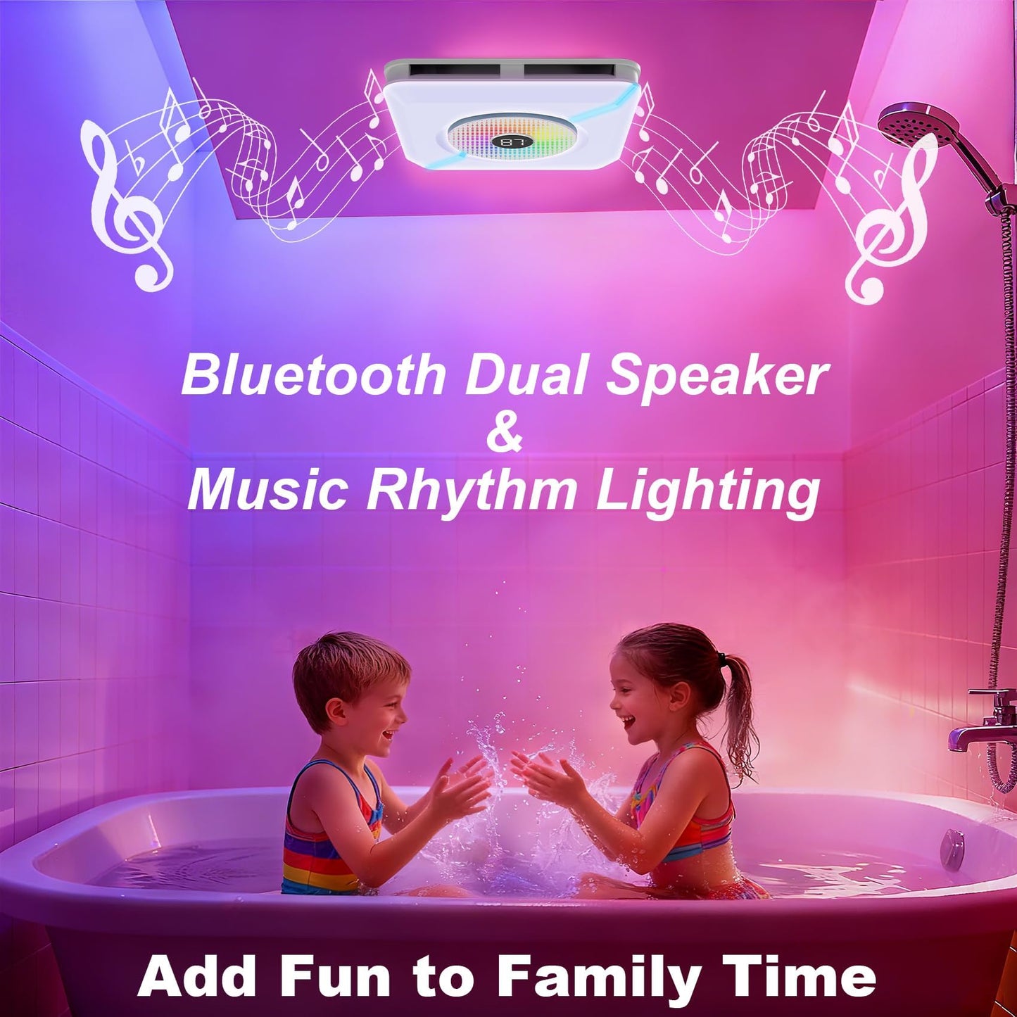 Bullro Bathroom Exhaust Fan with Bluetooth Speaker and Light, Plug & Play Installation, 230 CFM/1.5 Sone Bathroom Vent Fan, 7 RGB Lighting and 3 Music Rhythms, Remote Control, 3000K-6500K Adjustable