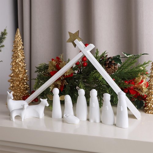 Juegoal Christmas Nativity Set - 11 White Mini Resin Figurines | Holy Family Table Ornaments