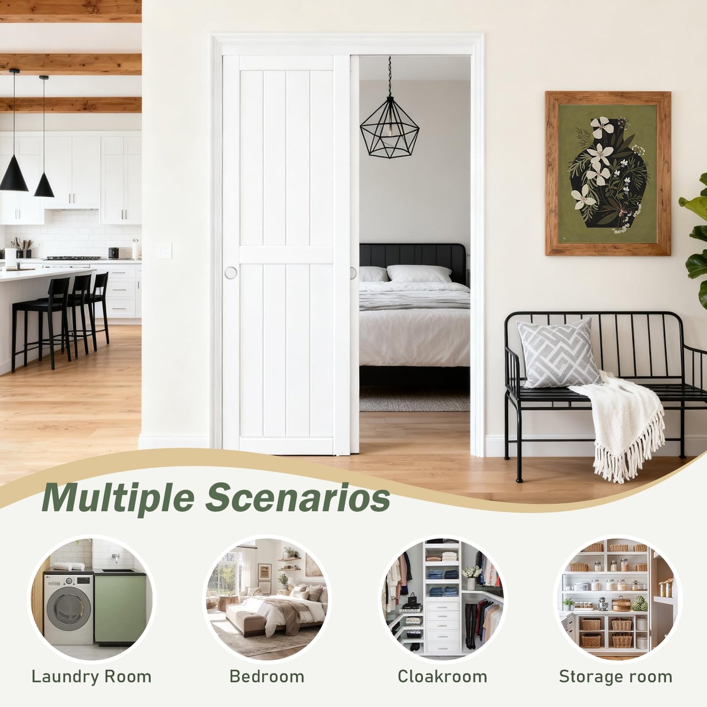 FREDBECK Sliding Closet Doors 72x80(Double 37inch),Bypass Barn Door with Hardware,for Bedroom,White,H Frame,Assemble Required