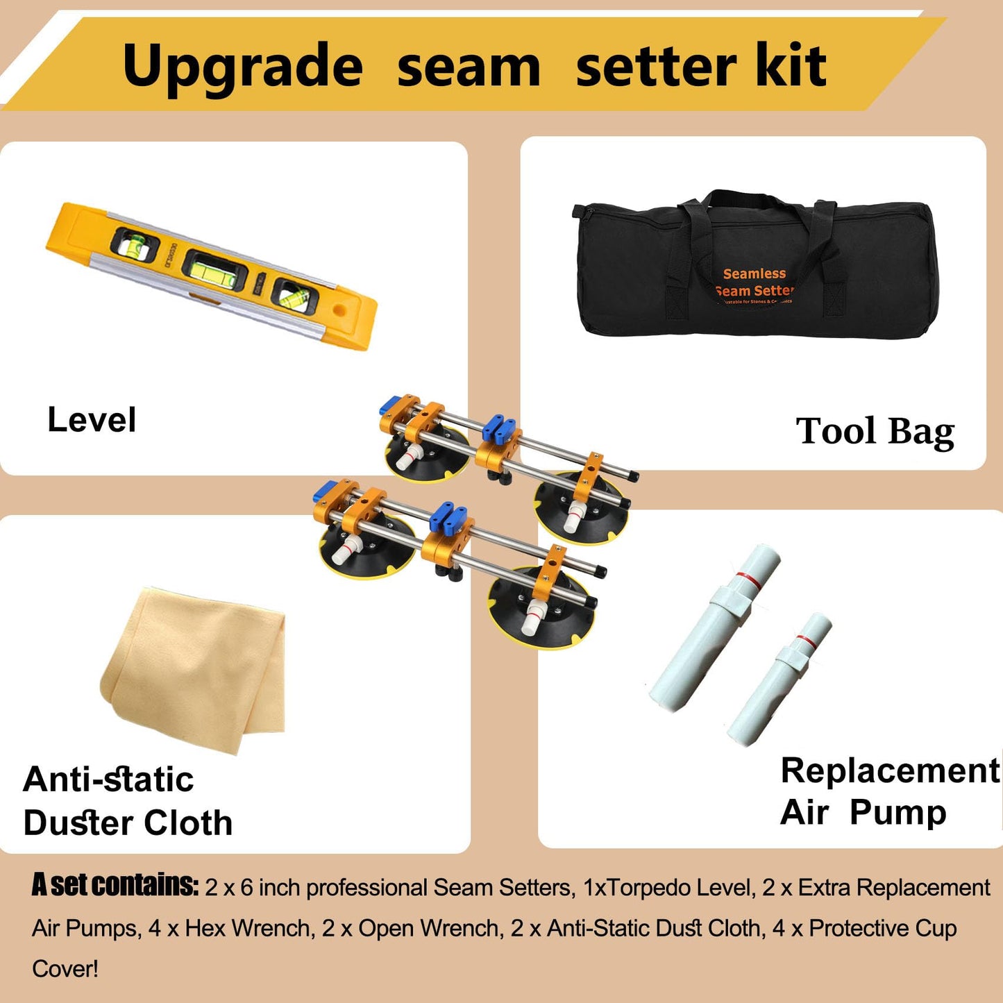 Upgrade 2 Pack Seamless Seam Setter with 6 inch Vacuum Suction Cups, Granite Seam Setter for Countertop Joining & Leveling, Seam Joiner for Stone (With Replacement Air Pump+Tool Bag+Torpedo Level）