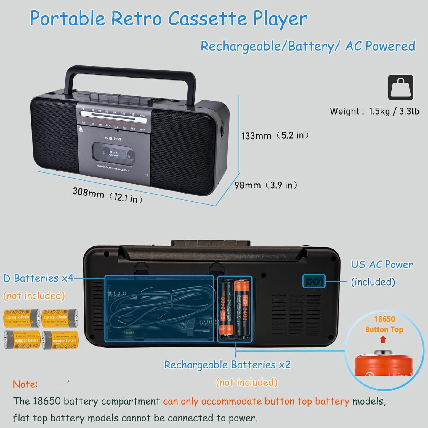 WIITHINK Cassette 10W Cassette/U MP3 Portable Tape Player Recorder,AM/FM/SW Radio with Bluetooth,USB/SD, Big