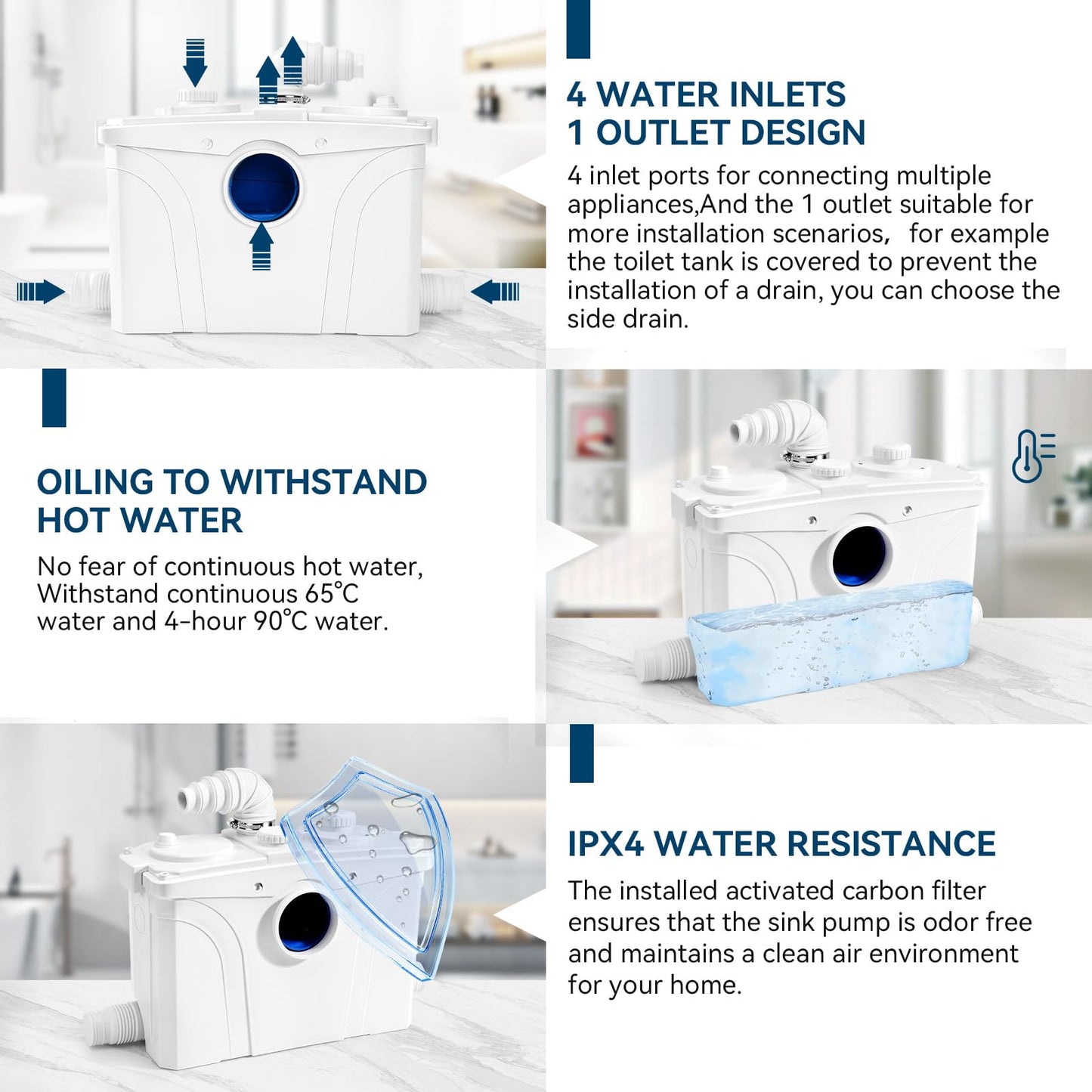 1.2HP Macerator Pump with PCB Function Toilet Pump Utility Sink Pump Upflush to 32.8FT 2500GPH Macerating Toilet System with 4 Water Inlets 1 Outlets for Toilet Sink Shower Laundry Kitchen Basement