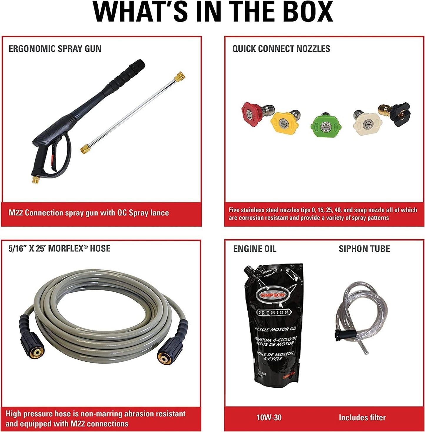 SIMPSON Cleaning PS3228 PowerShot 3300 PSI Gas Pressure Washer, 2.5 GPM, Honda GX200 Engine, Includes Spray Gun and Extension Wand, 5 QC Nozzle Tips, 5/16-inch x 25-foot MorFlex Hose, 49-State
