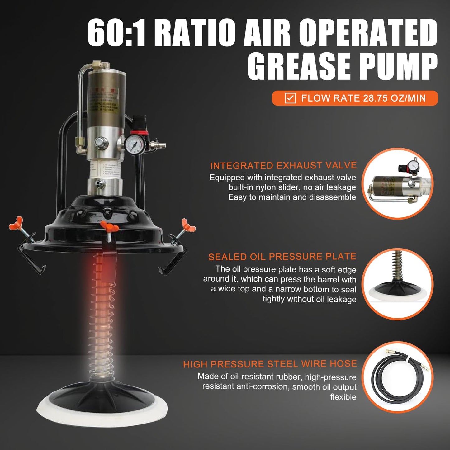 QVIKPMU 60:1 Portable Air-Operated Grease Pump for 5 Gallon Bucket, Grease Gun Coupler 2 PCS and 13 ft High Pressure Hose, 0.85L/Min, 34-48Mpa, Universal Fit, Vehicle Compatible (No Bucket)
