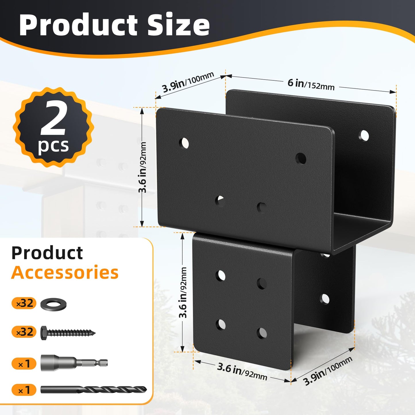 Wuno Shop 2 Pack 4x4(Actual 3.5"x3.5") Post Caps Tie Bracket, Stainless Steel Post to Beam Connectors for Wood, Heavy Duty Post Anchor Connector for Pergolas, Gazebos, Decks Porches-Black