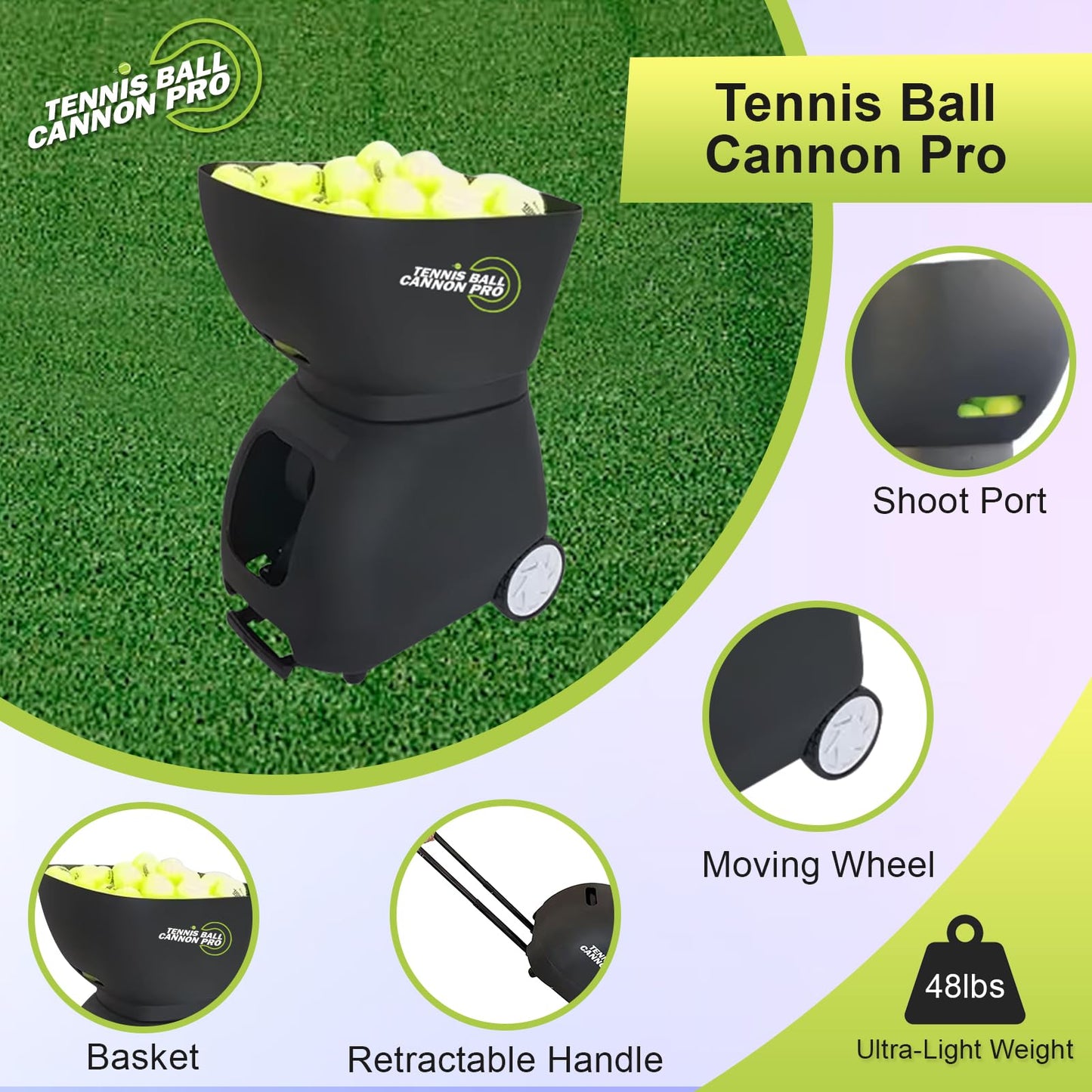 PMT Medical Tennis Ball Cannon Pro: Portable Tennis Ball Machine (48lbs) - Dual Motor for Top Spin and Backspin | Up to 120 Balls, Max Speed 80MPH | 6 Hours Playtime with Rechargeable Lithium Battery