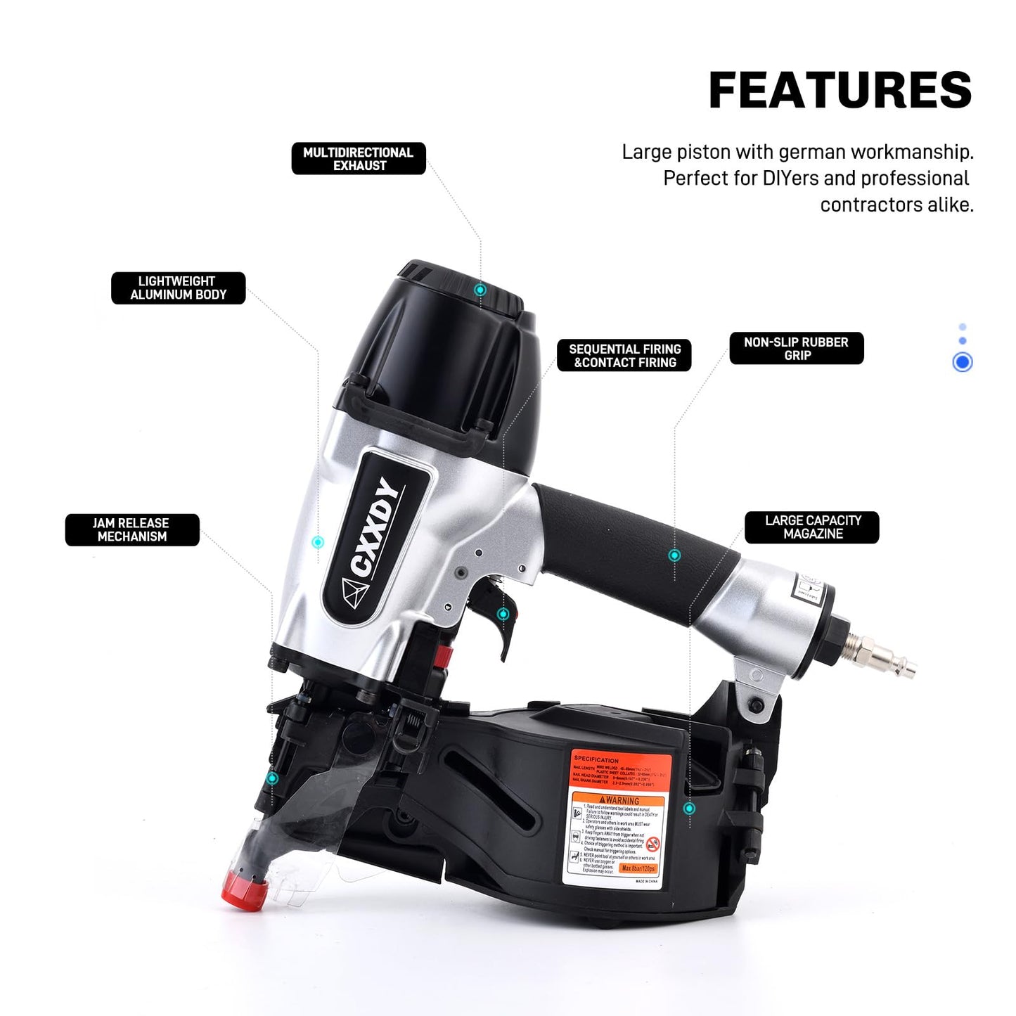 CXXDY Siding Nail gun 15 Degree 1-1/4” to 2-1/2” Coil Siding Nailer – High-Speed Pneumatic Siding Nailer for Siding, Framing, and Fencing – Professional-Grade Performance for Contractors and DIYers