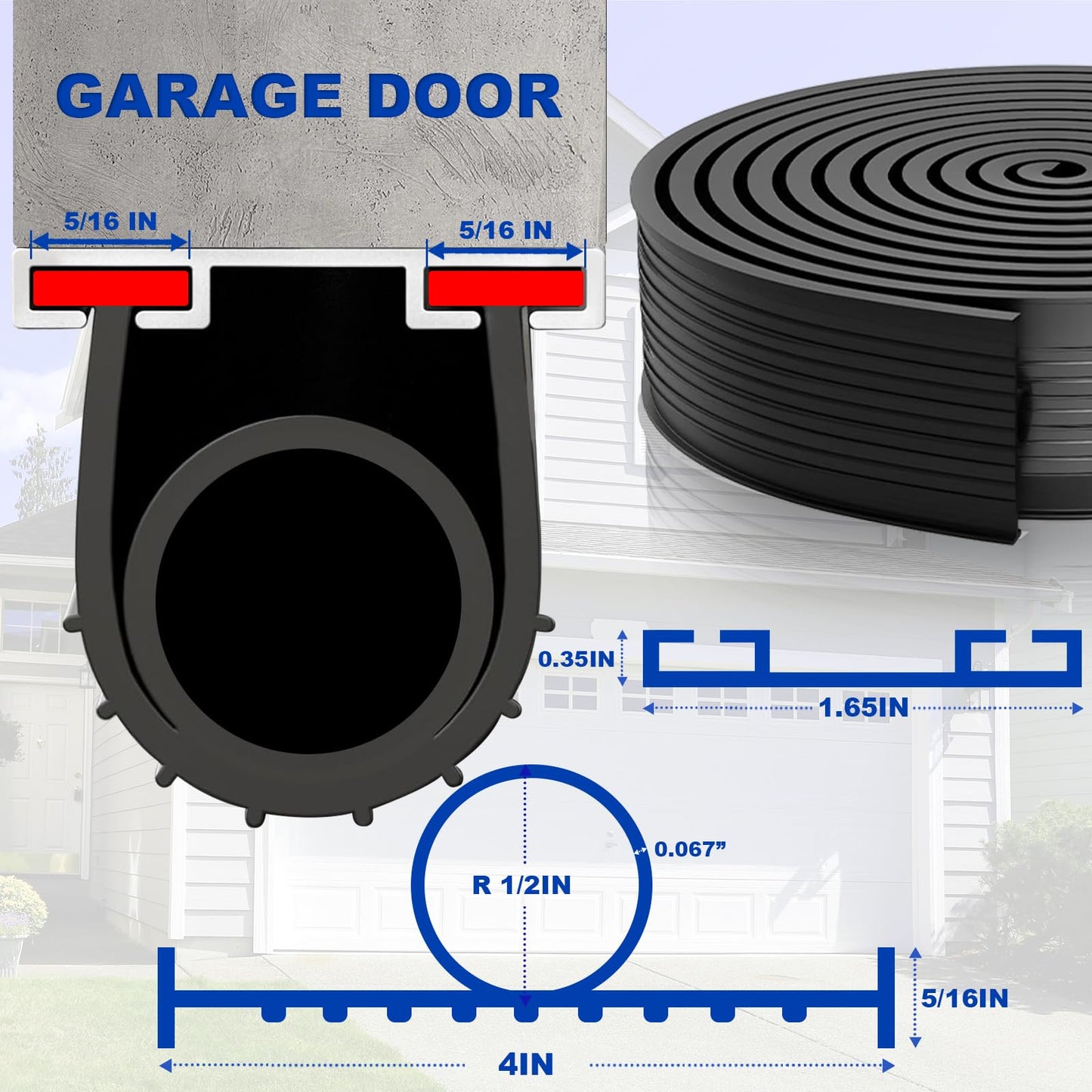 DGSL Garage Door Seals Bottom Rubber Weather Stripping Kit Seal Strip Replacement, Weatherproof Threshold Buffering Sealing Rubber 5/16 Inch T Ends (10 FT, Black, U+O & Aluminum Tracks)