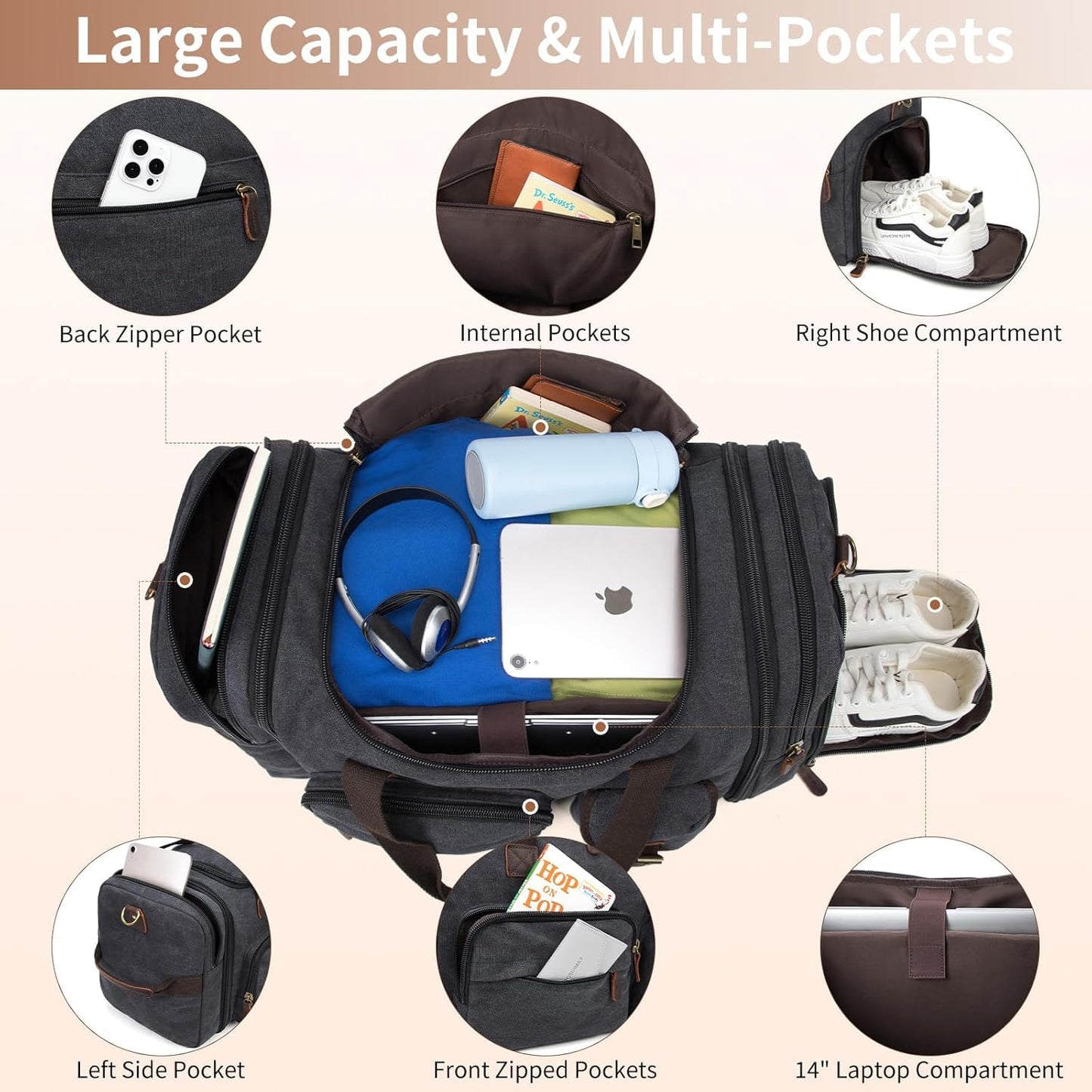 Mens Duffle Bag for Travel 60L Expandable Canvas Weekender Overnight Travel Duffel Bag with Shoe Compartment Carry-On for Airplanes Dark Gray