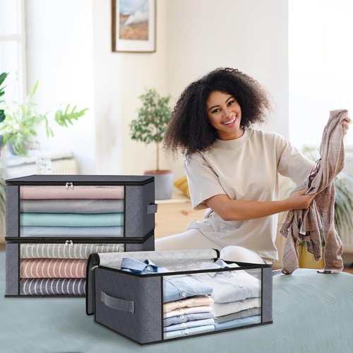 HomeHacks Clothes Organizer Storage Bags - Foldable 35L with Clear Window & Sturdy Handles | Gray